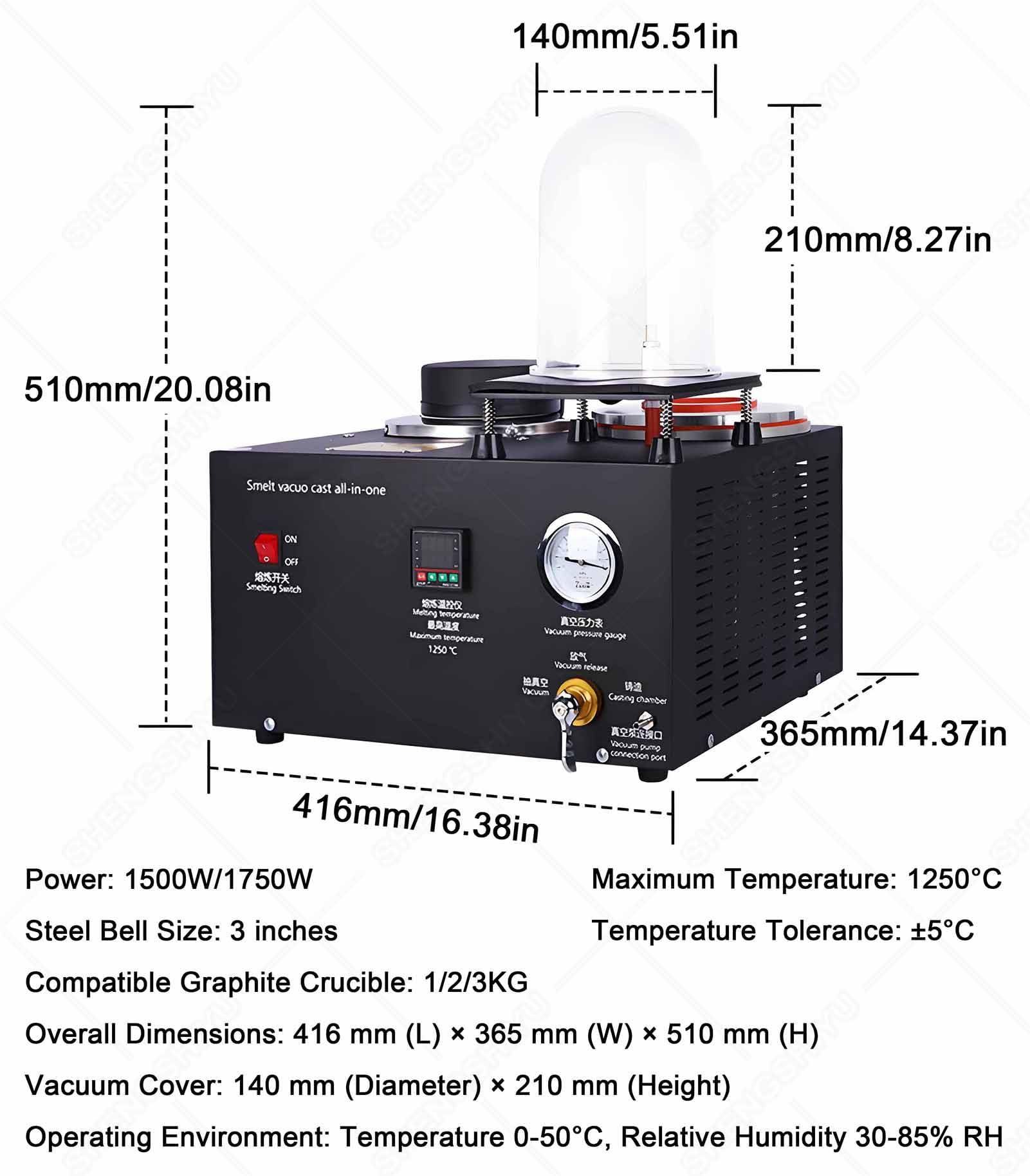 Elektryczny piec do topienia metalu z cyfrowym regulatorem temperatury i manometrem powietrza, łączy funkcje topienia i odlewania próżniowego, pojemność 3 kg