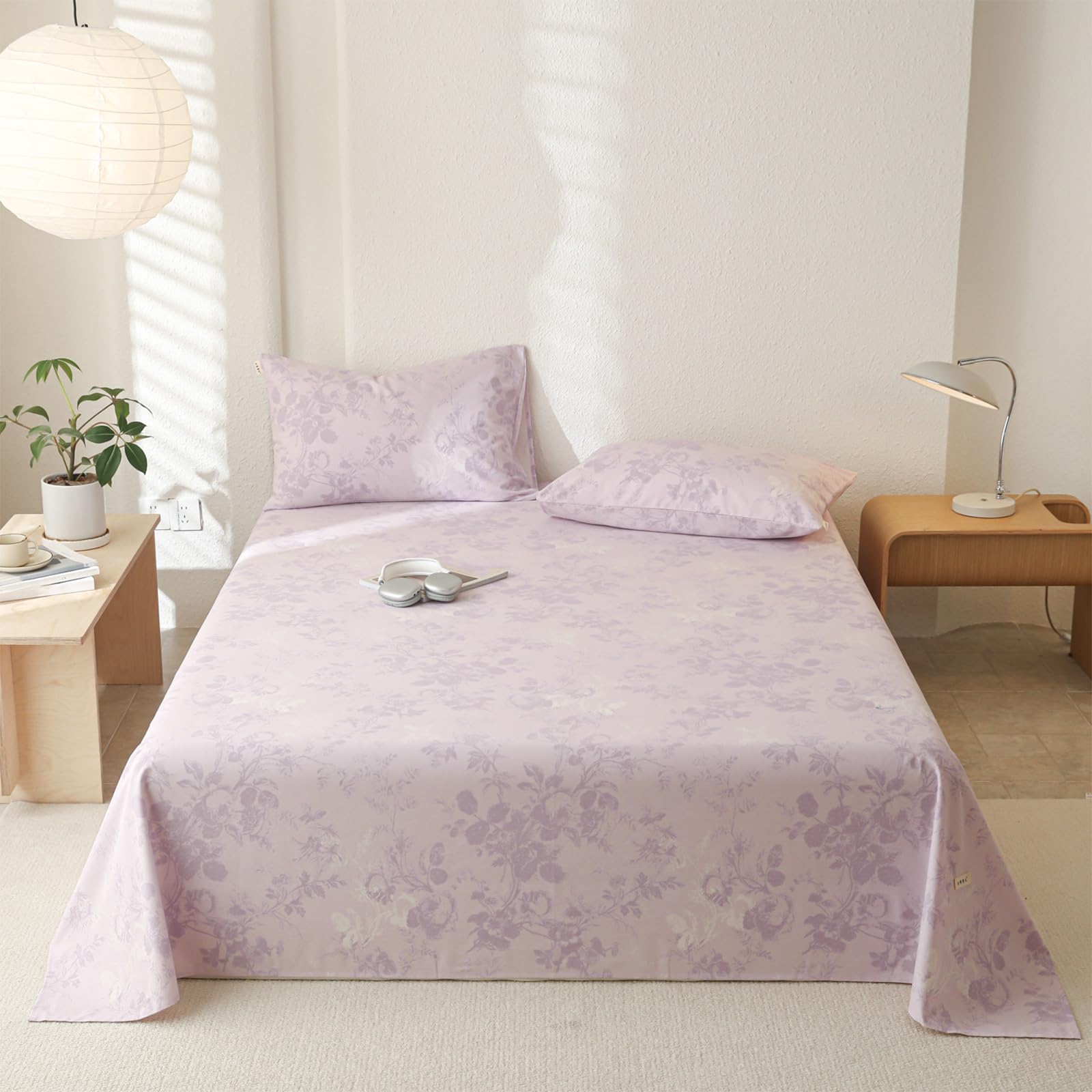 Drap plat de lit violet en coton respirant 230x245 cm pour réguler le sommeil