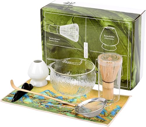 Juego de 7 batidores de matcha, juego de matcha de cerámica incluye cuenco matcha, batidor de bambú y soporte, cuchara de bambú, soporte para