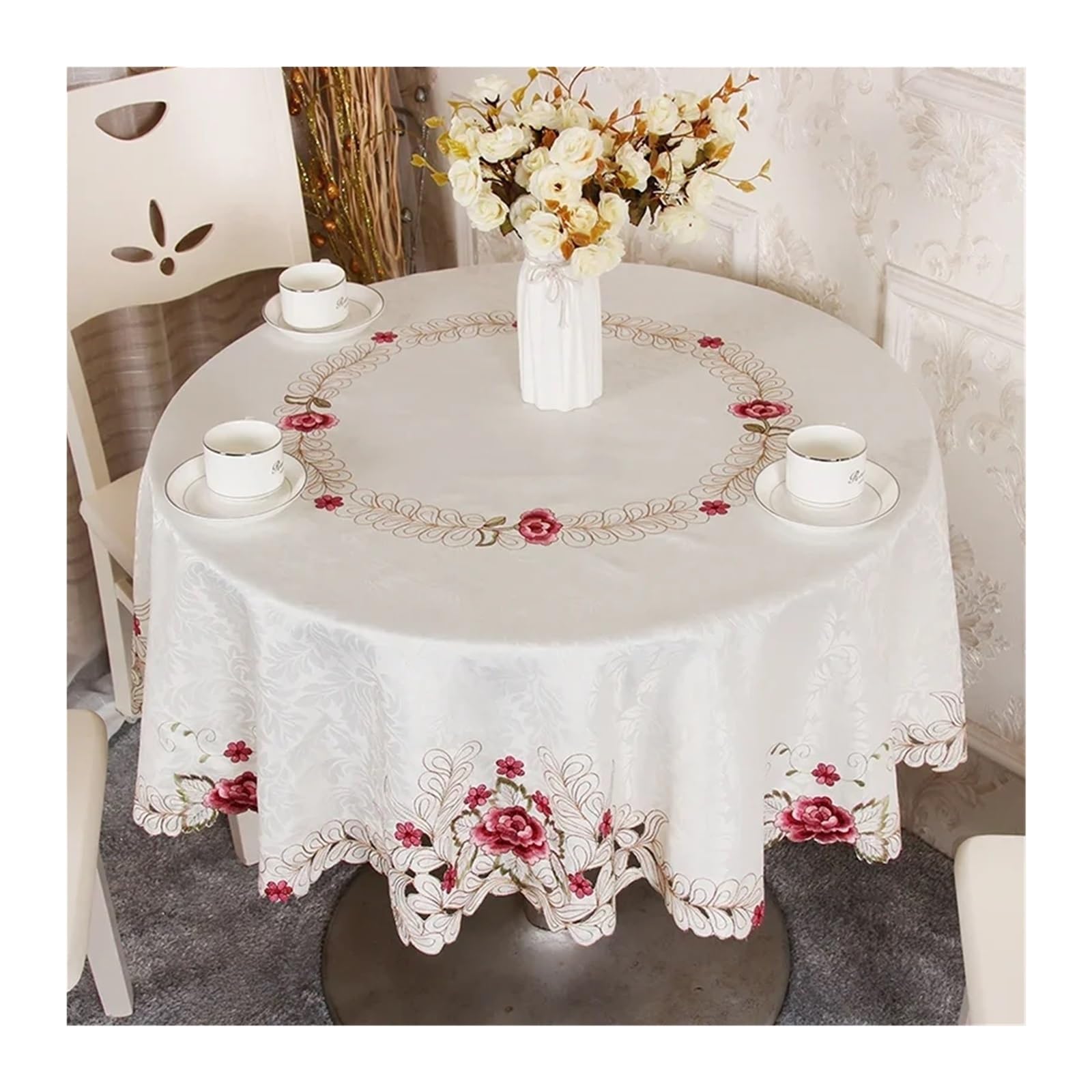 SHENJMAI Vintage Lace Table Round Table Cloth Tablecloths White Household Lace Tablecloth Dining Cover Embroidered Flower Home(Color4,Diameter 83cm)