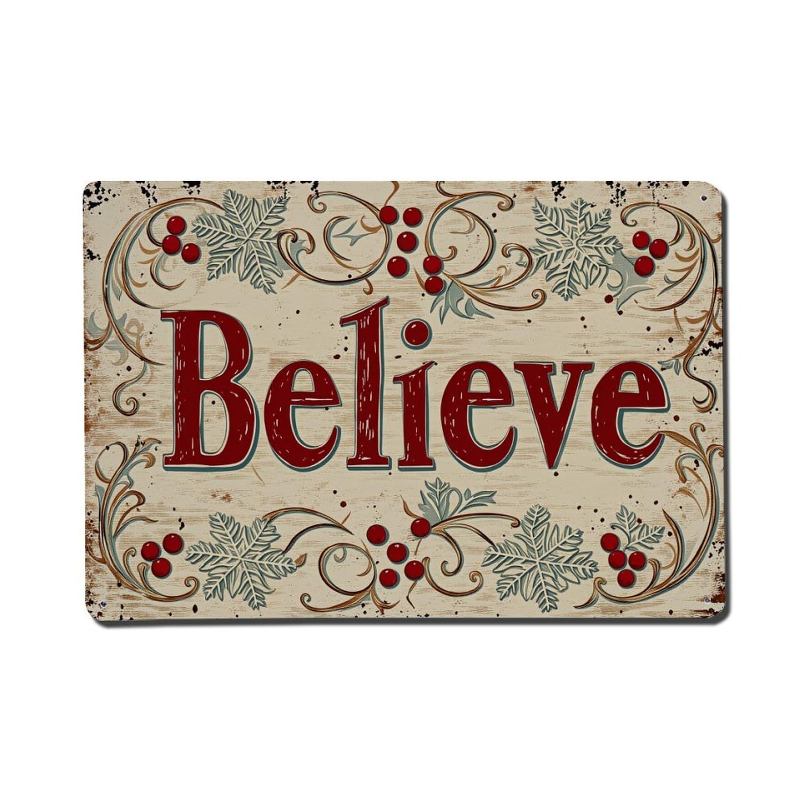 Enderetf Vintage Believe Christmas Pattern Print Design Tin Sign Metal Poster, Home Bar Garage Man Cave Cafe Indoor & Outdoor Wall Decoration 8X12inches