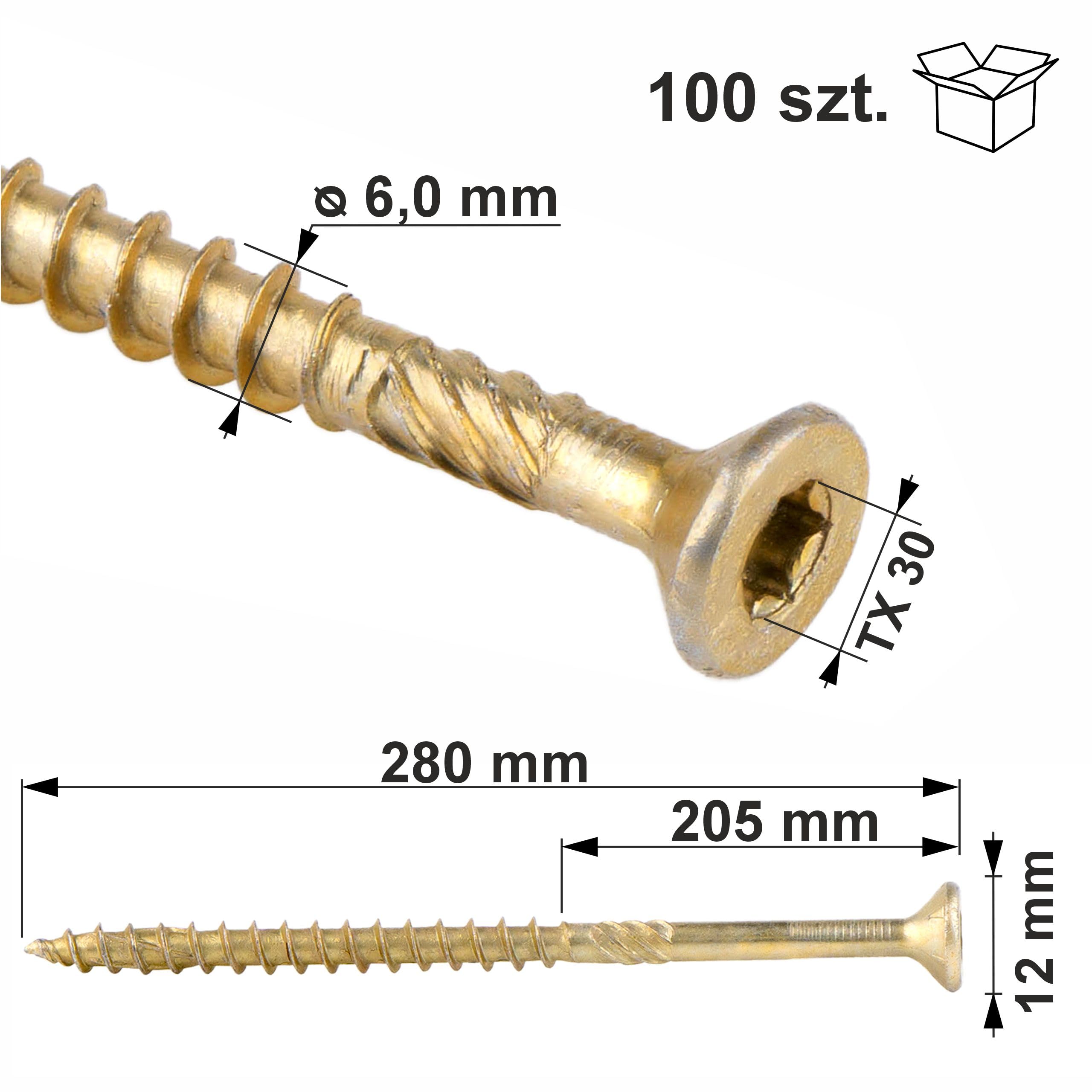 KLIMAS Tornillos de Cabeza Avellanada TX30 Autorroscantes, 100 Unidades, 6,0 x 280 mm, Todos los Tamaños