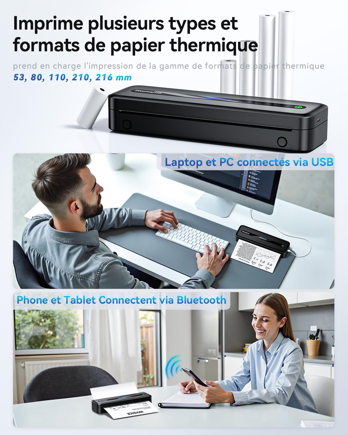 Phomemo M832 Imprimante Thermique A4 Portable sans Encre Bluetooth USB Noir