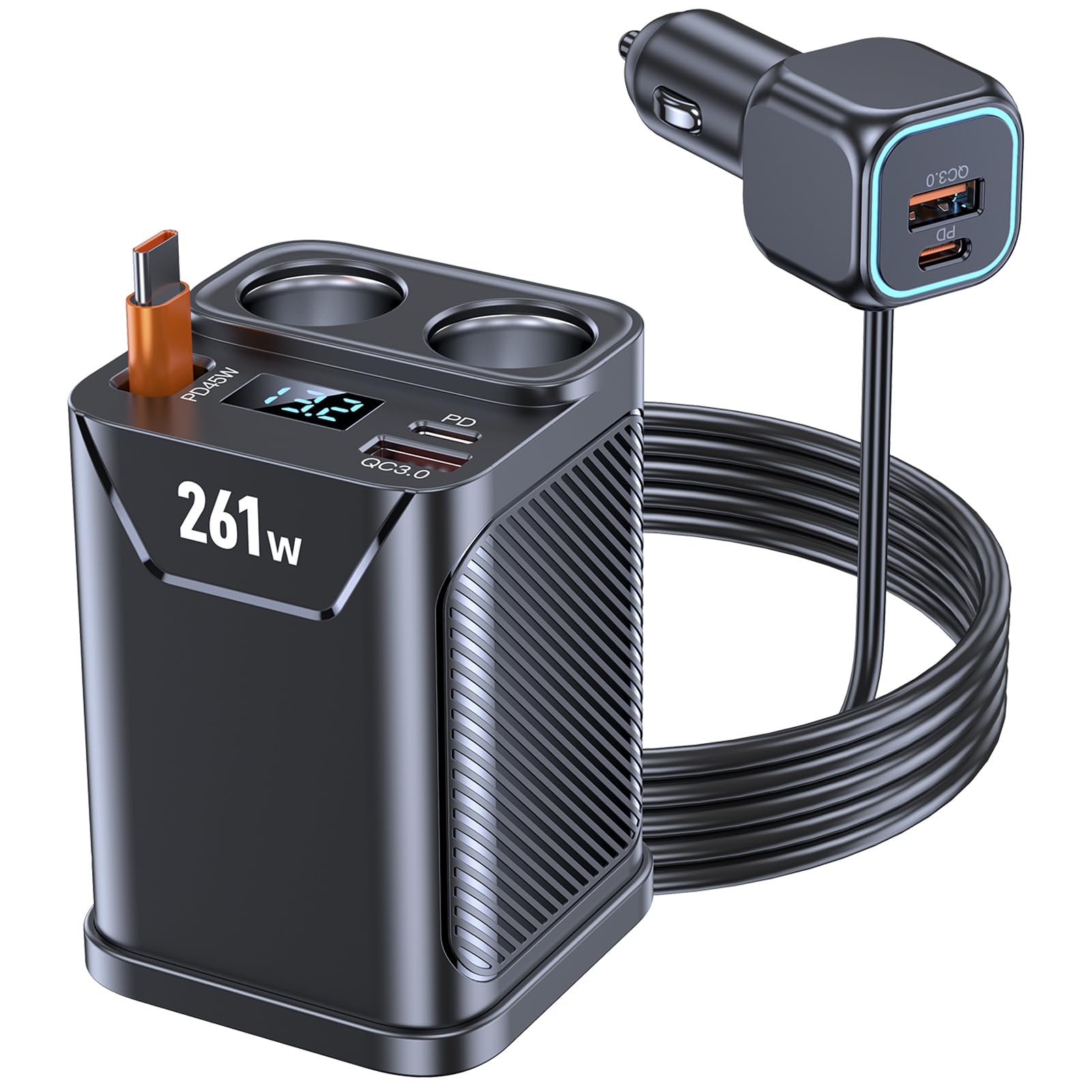 261W シガーソケット 2連 車 充電器 増設 STDRIVO【110W 急速充電 7台同時に使用】巻取り式シガーソケット カーチャージャー Type-C LED表示電圧 ヒューズ搭載 車載充電器 カー用品 車用品 旅行 便利グッズ iPhone 17 16 15 Pro iPad Air Xiaomi 15 Ultra Galaxy S25 Ultra Xperia対応 12-24V車対応