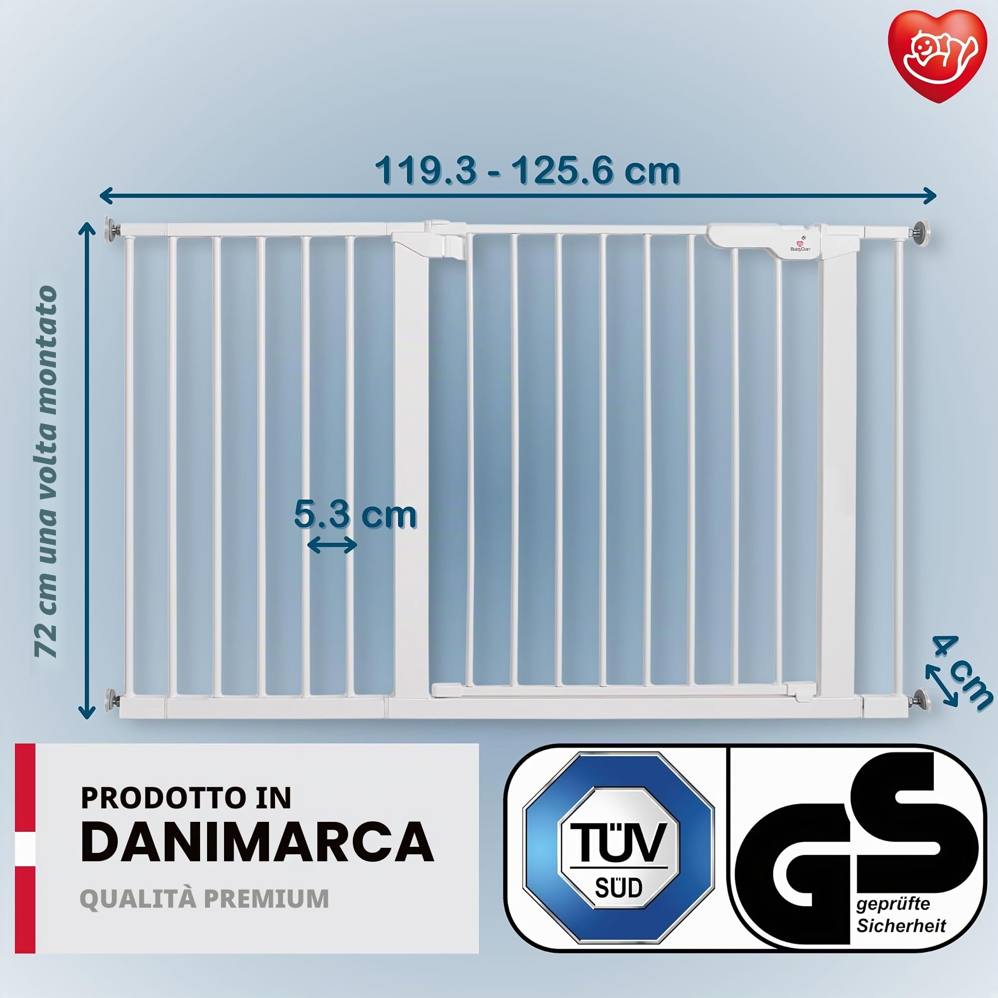 BabyDan Premier, Cancelletto a pressione extra largo, 119,3-125,6 cm, Cancelletto per bambini, metallo, bianco, Made in Denmark - (Cancelletto per animali/cane)