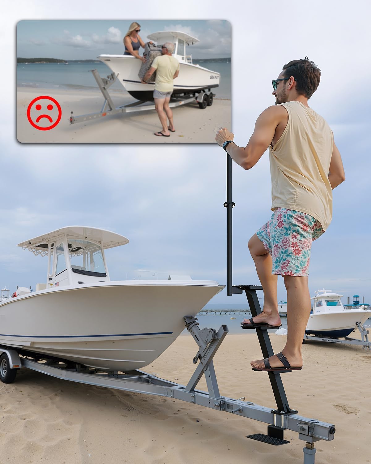 Heavy-Duty Boat Trailer Steps with Safety Grab Handle, Non-Slip Surface, Trailers Tongue Step Compatible with Most Deep V, Patent Pending, 4 Steps
