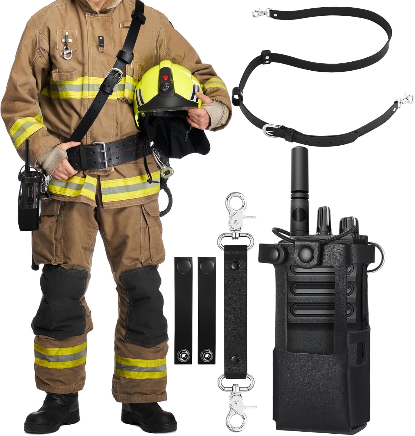 Radio Strap Firefighter Leather Radio Holster Bundle Set Includes Holster, Strap, sway Tape, Cord Keepers for Firefighters EMS EMT Polices (Classic)