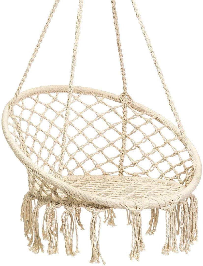 Hammock Chair Macrame Swing,Cotton Hanging Macrame Hammock Swing Chair Ideal for Indoor, Outdoor, Home,Bedroom, Patio, Deck, Yard, Garden (Beige)