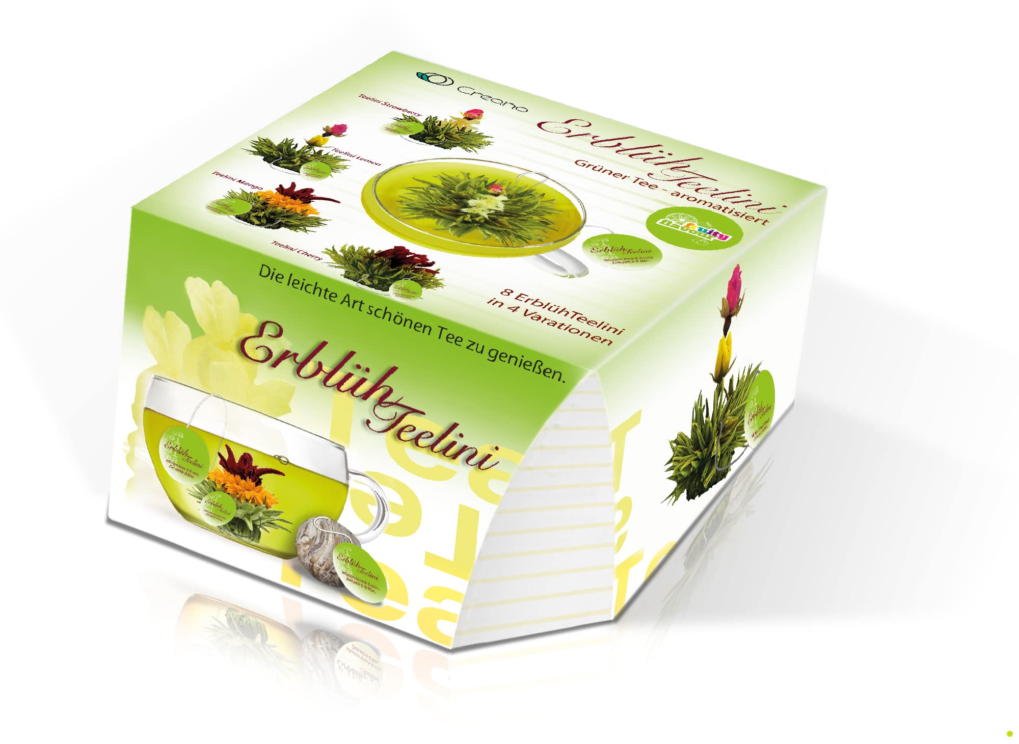 Creano Coffret Cadeau Teelini 10 pcs – 8 Fleurs de Thé Vert en Portion de Tasse avec Tasse en Verre 200ml & Couvercle – Idée Cadeau Collègue, Bureau & Détente