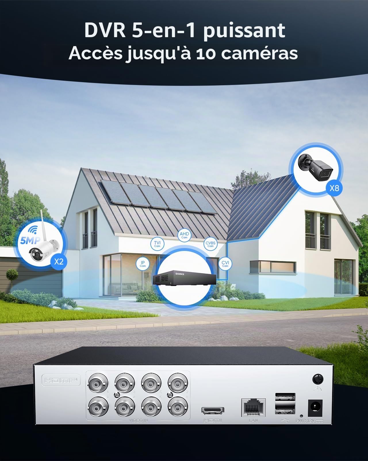 SANNCE Système de Caméra de Sécurité 8CH 1080P Enregistreur vidéo CCTV DVR 5 en 1 avec 8 Caméras Filaires avec Disque Dur de 1 to, Vision Nocturne de 100 Pieds, Alerte de Mouvement, Accès à Distance