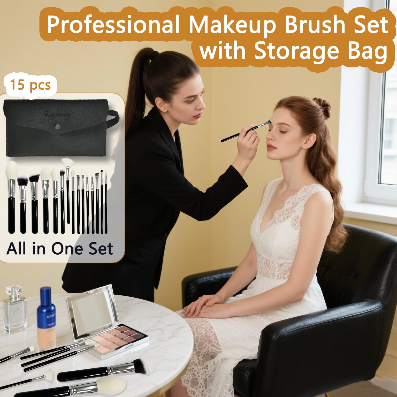 Makeup Brush Set, 15Pcs Professional Make Up Brushes, Premium Animal Wool Bristals, Ultra-soft Even Application, Foundation Powder Blusher Eyeshadow Eye Brow Contour Lip Brush Kit with PU Bag, Black - Image 2