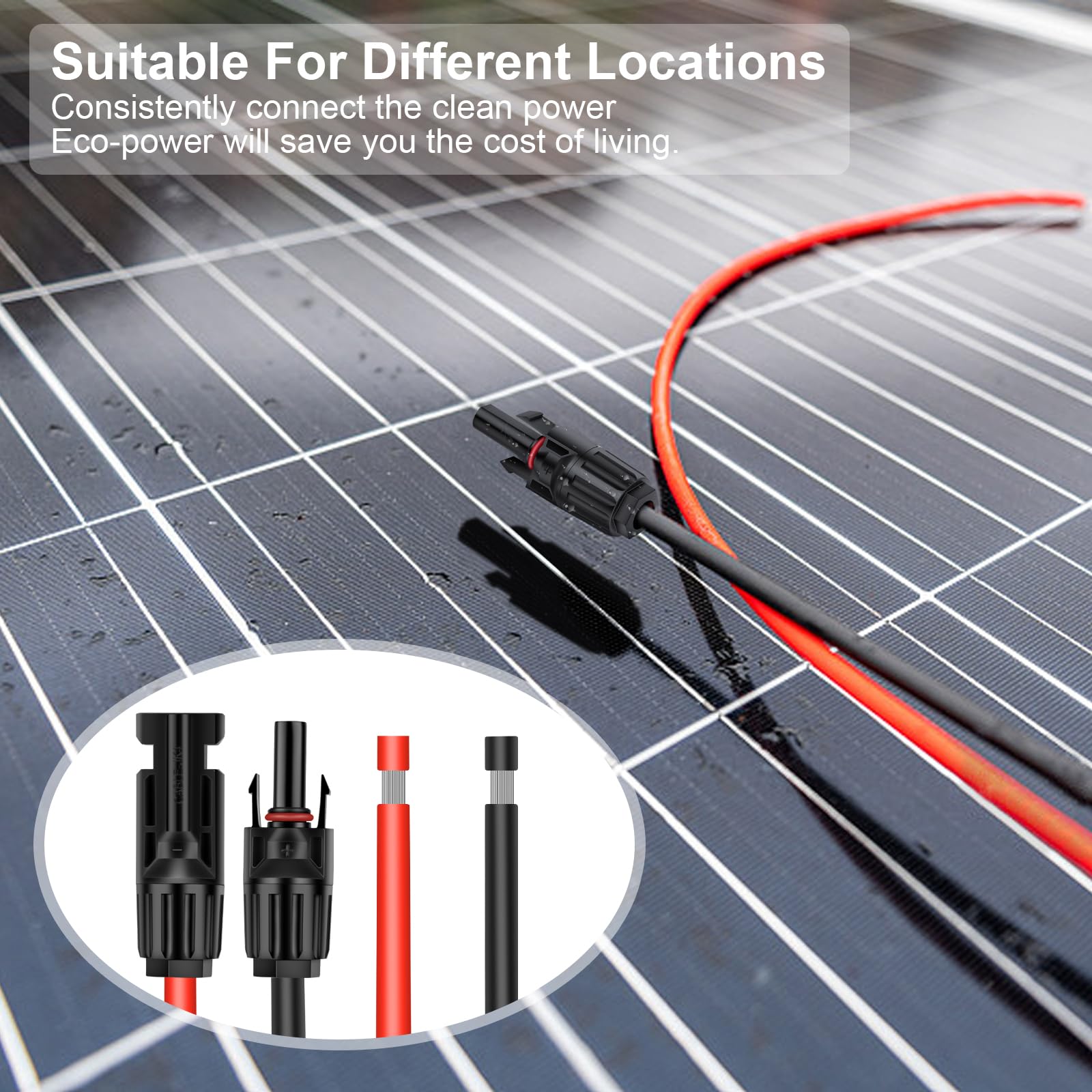 Kabel do paneli słonecznych, 30 m, 10 AWG (6 mm²), przedłużacz solarny ze złączem żeńskim i męskim (zainstalowany na jednym końcu), adapter przewodu panelu słonecznego do domu, sklepu i paneli słonecznych RV (10 AWG, 30 stóp)