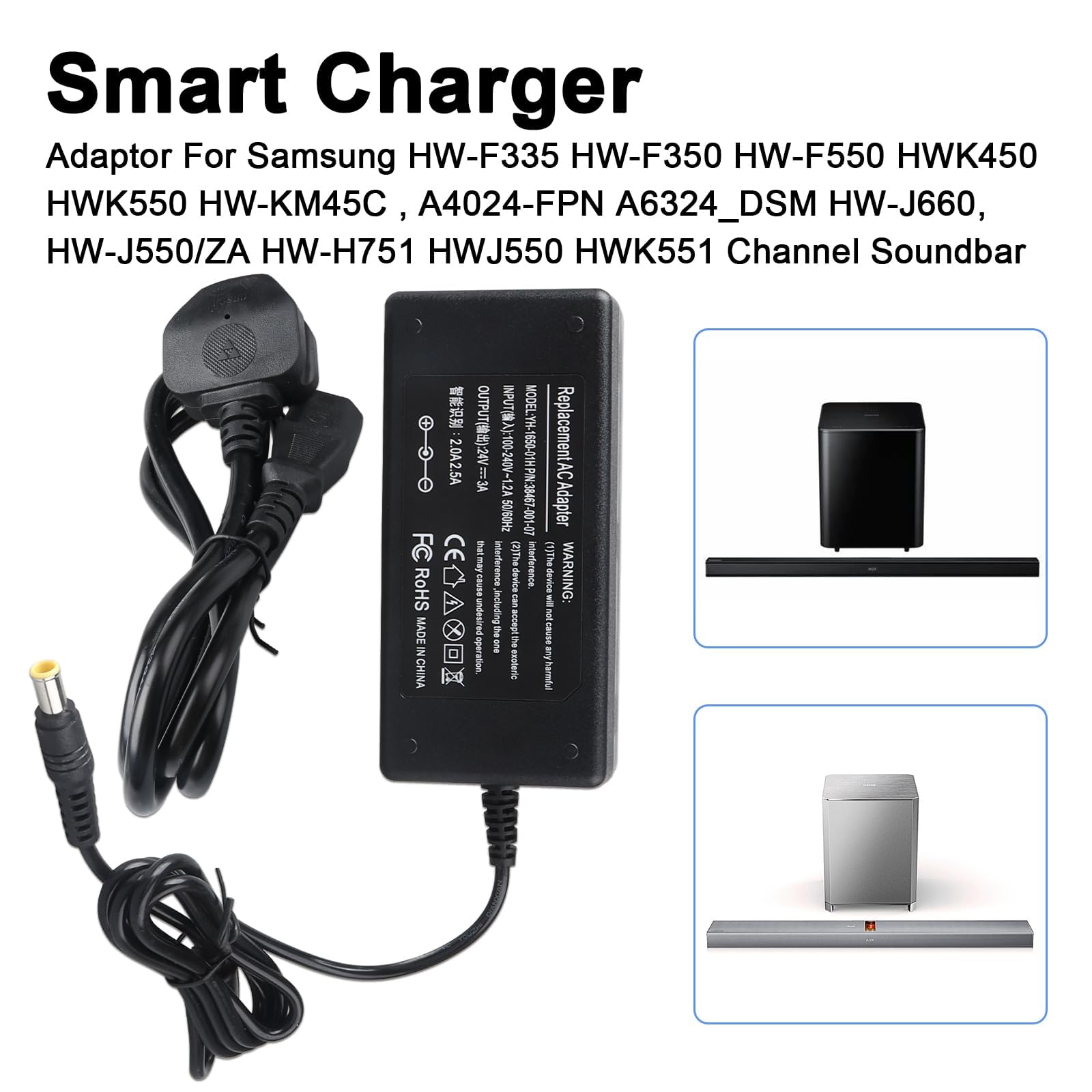 Caricabatterie 24V per Samsung Soundbar HW-H550 HW-H551 HW-J450 HW-Q60T HW-F335 HW-F350 HW-F550 HW-F551 HW-R50C HW-S40T A6024_DSM HW-R650 HW-H450 HW-B550 HW-H751 HW-A650 HW-H7500 HW-Q600C