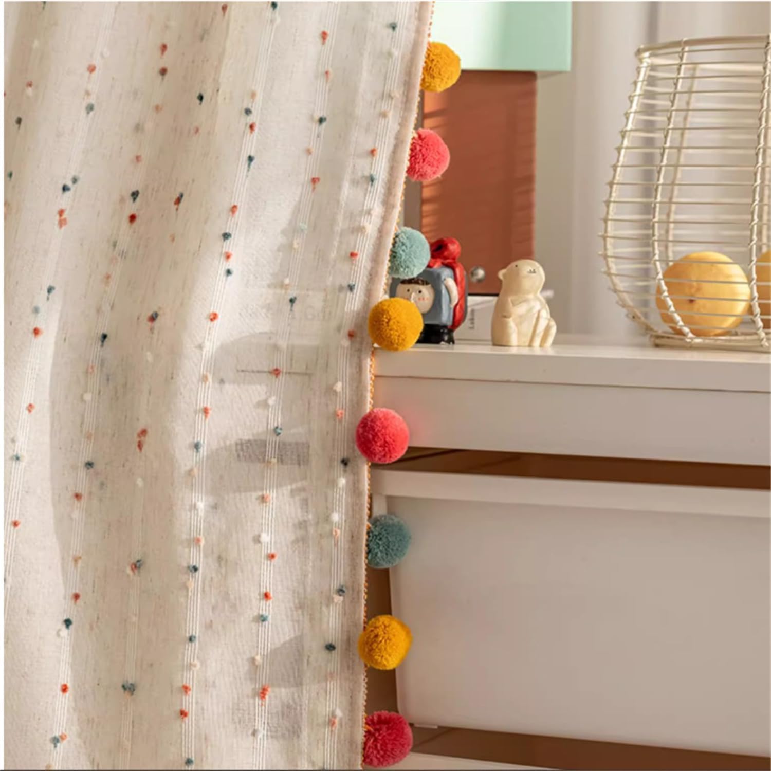 Rideaux Transparents Bohème Arc-en-Ciel avec Pompons, Filtre Lumière, Imitation Lin Rayures, Passe-Tringle pour Chambre Enfant