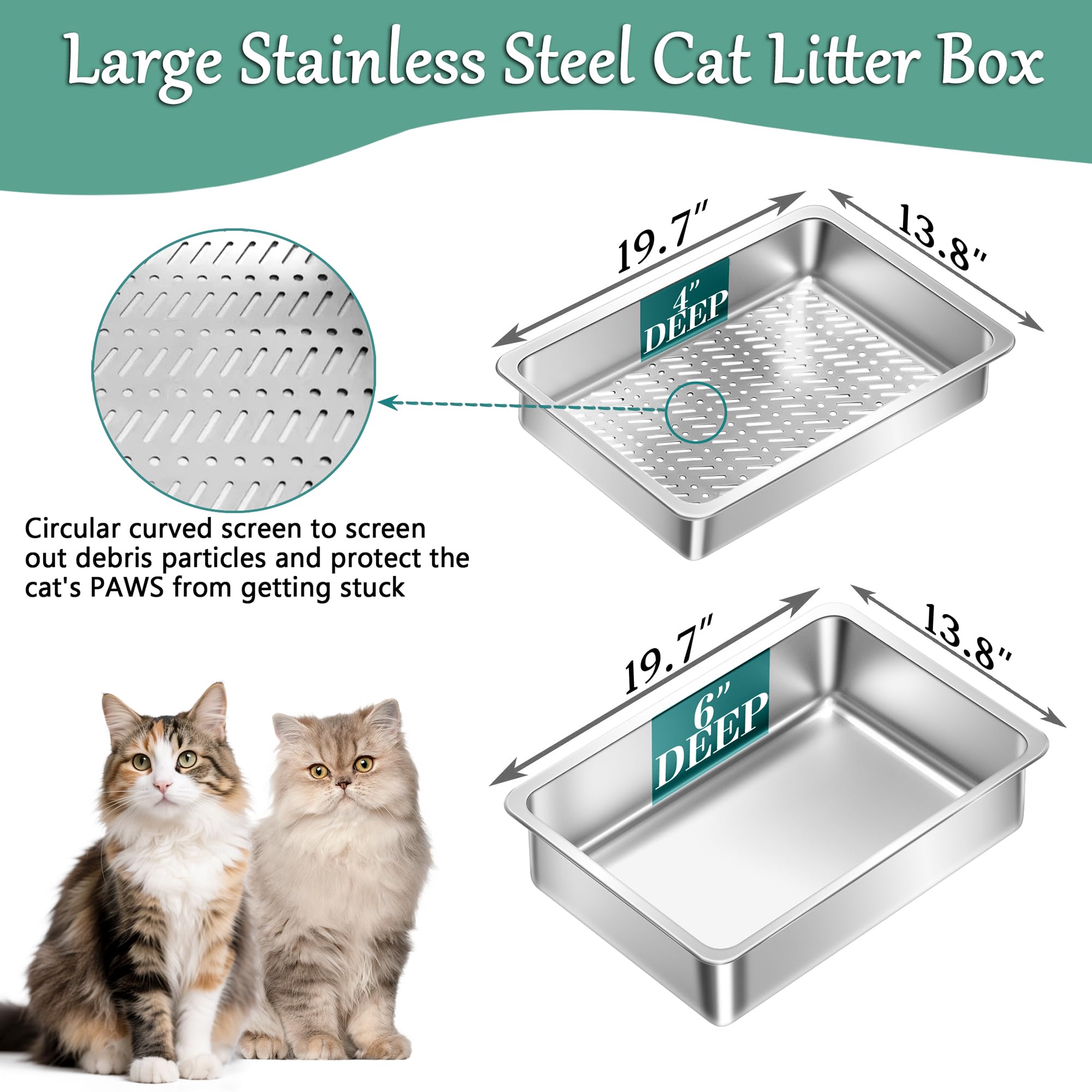 Stainless Steel Sifting Cat Litter Box for Pine Pellets, Large Metal Cat Litter Box Sifter Pan with Litter Scoop, Low Dust, Odor Control, Easy Cleaning, 19.7L*13.8W*6H - image 2