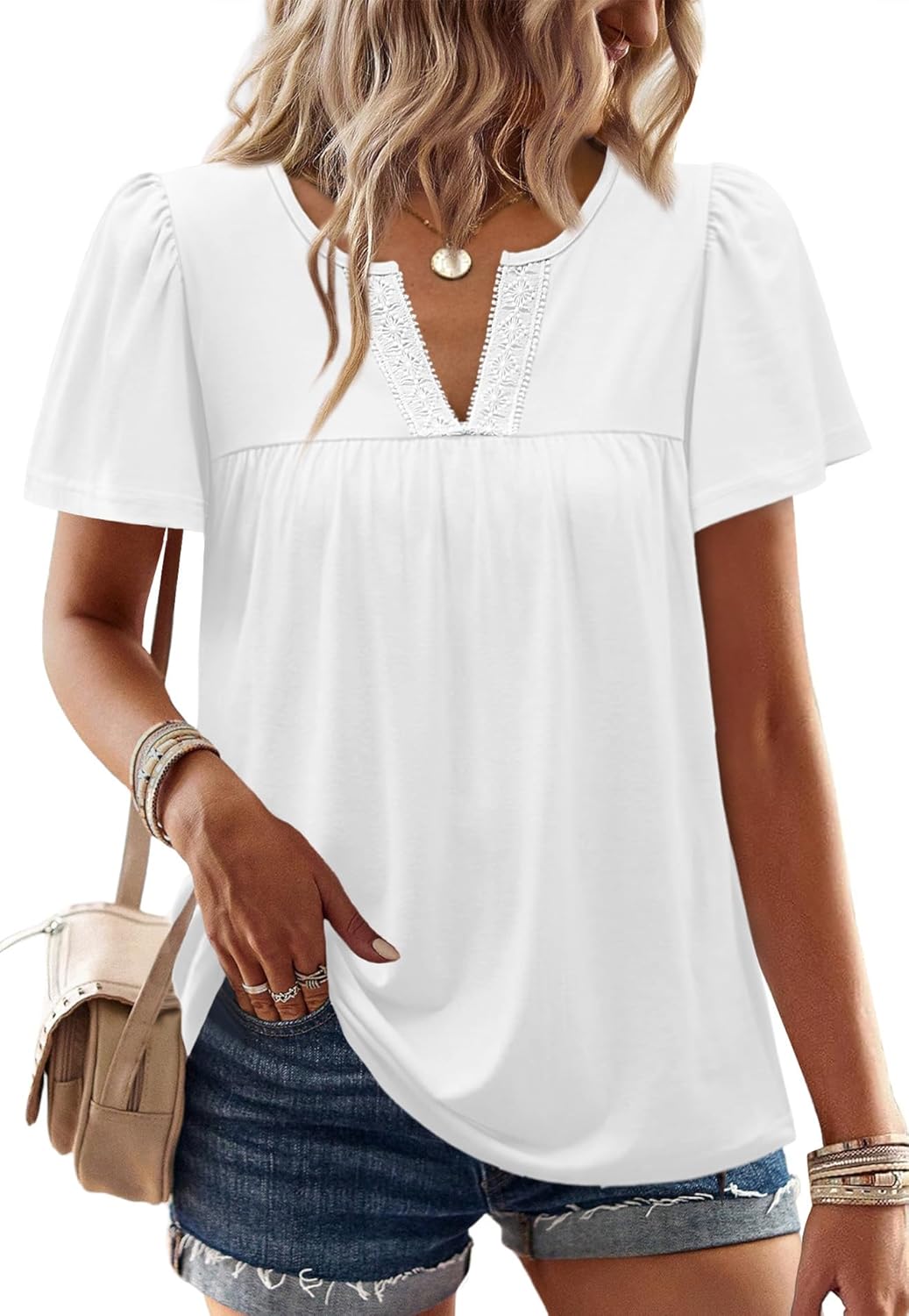 OFEEFAN Womens Summer Tops Boho Short Sleeve Shirts V Neck Fashion Lace Blouses Dressy Casual Flowy Holiday Outfits