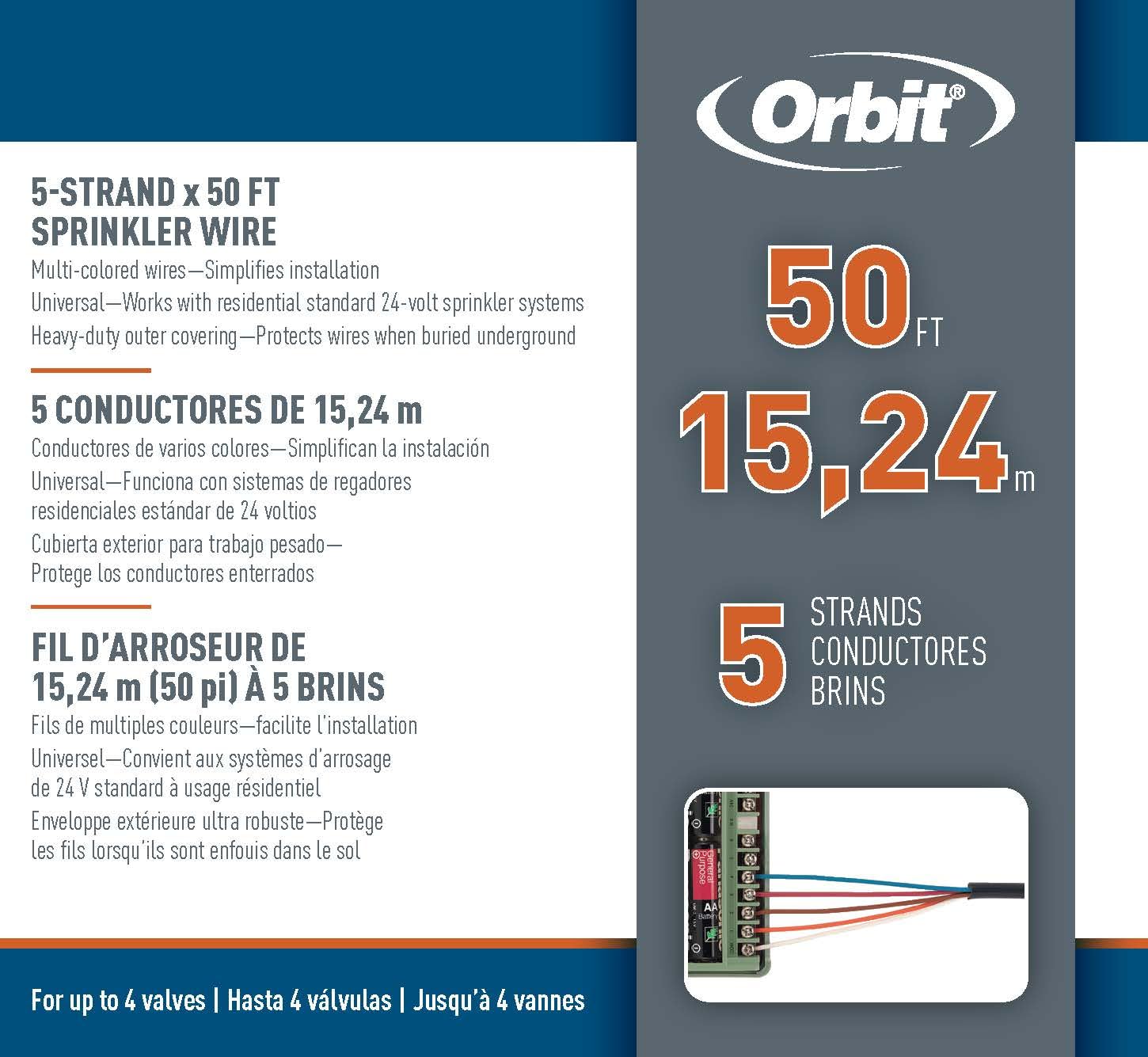 Orbit Sprinkler System 5-Conductor x 15,2 m uF/UL Ricambio Filo 57094