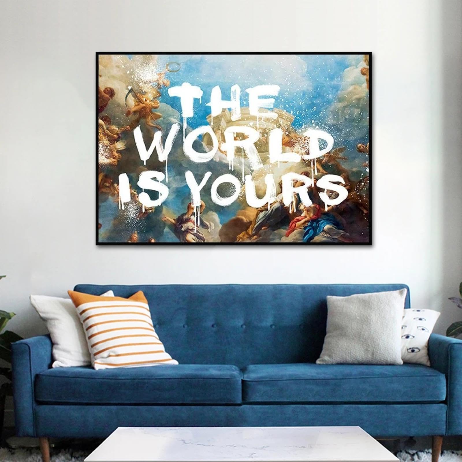 BMGKYAGL Pósteres retro El mundo es tuyo, lienzo, decoración para sala de estar, 80 x 120 cm, marco