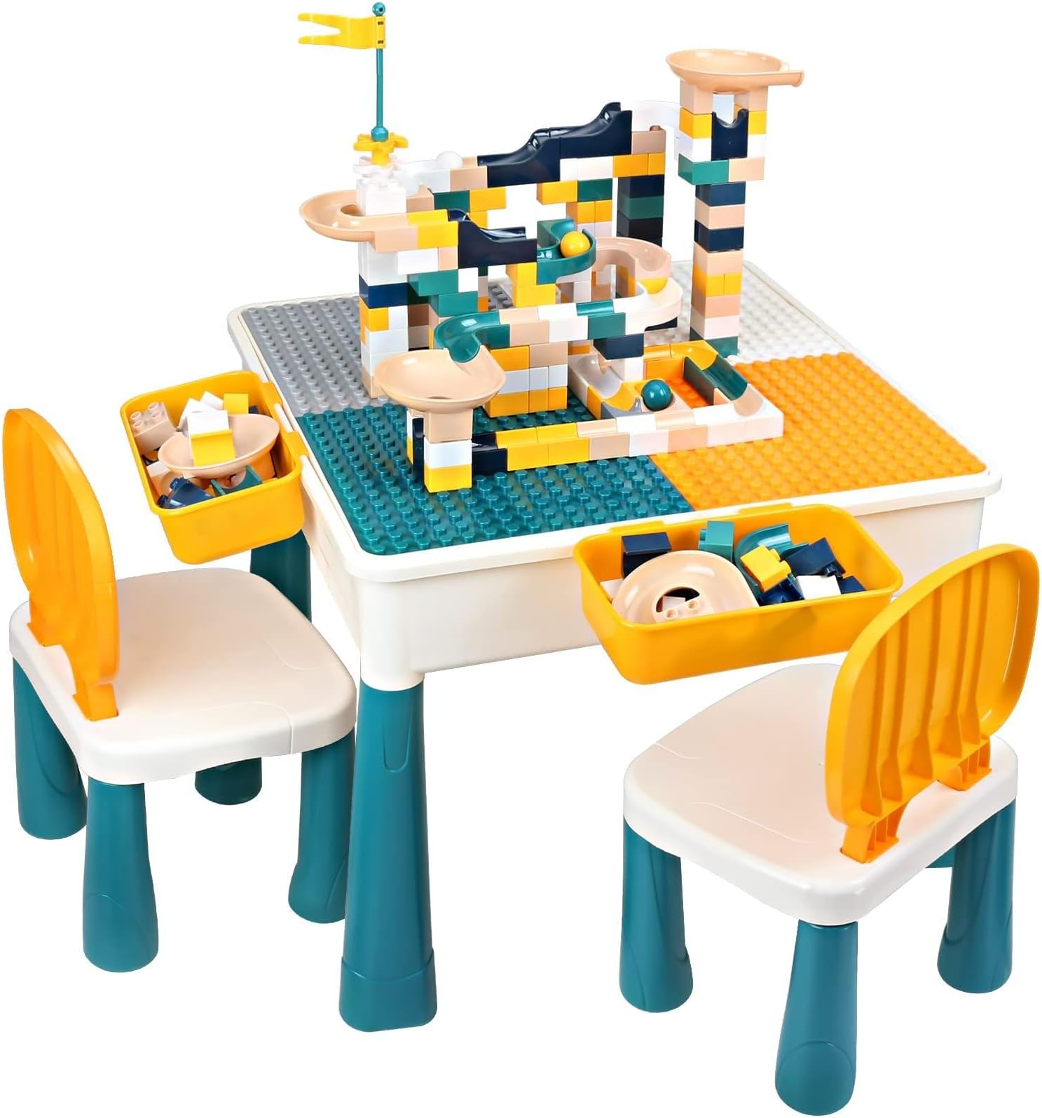 9 in 1 Multi Kids Activity Table Set With 2 Chairs and 100pcs Large Size Blocks - Compatible With Classic Blocks, Water and Sand Table for Toddlers