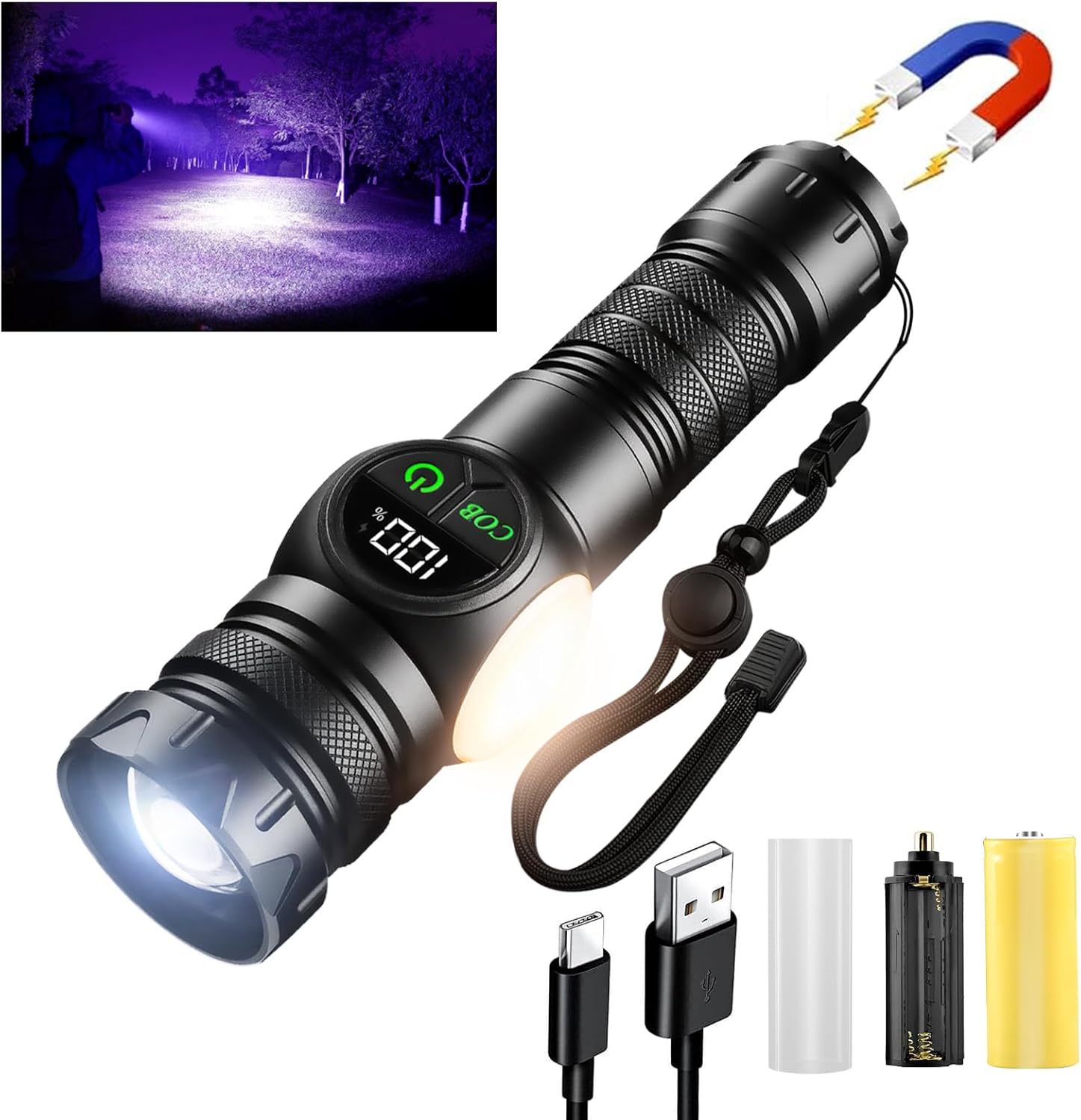 iodoo 3 in 1 Rechargeable Flashlight True 5000 Lumens Outdoor Strong Cob Light, 5000mAh Zoomable Beam LED Flash Light with Magnet Power Failure Emergency Survival Kits Snowstorm (UV)
