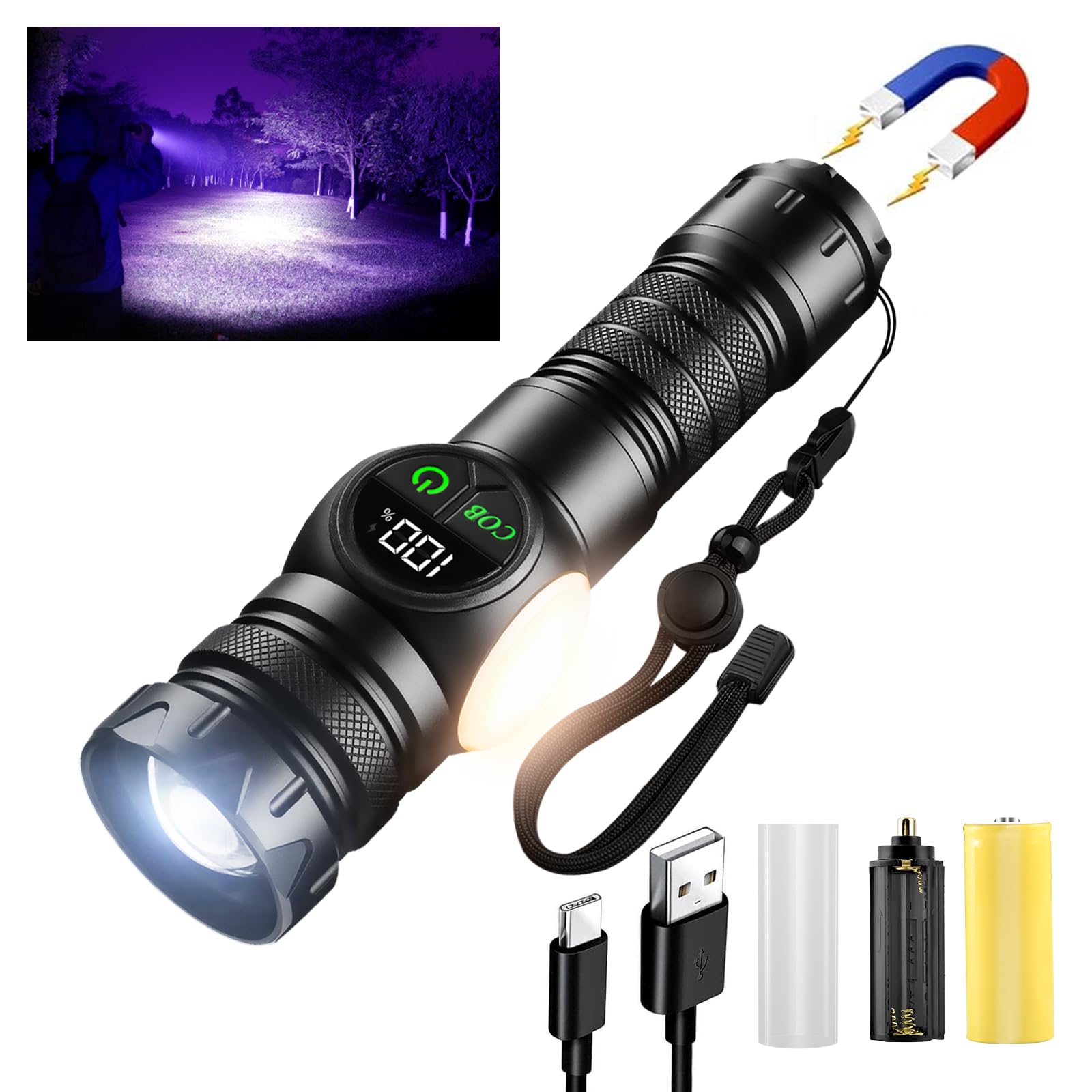 iodoo 3 in 1 Rechargeable Flashlight True 5000 Lumens Outdoor Strong Cob Light, 5000mAh Zoomable Beam LED Flash Light with Magnet Power Failure