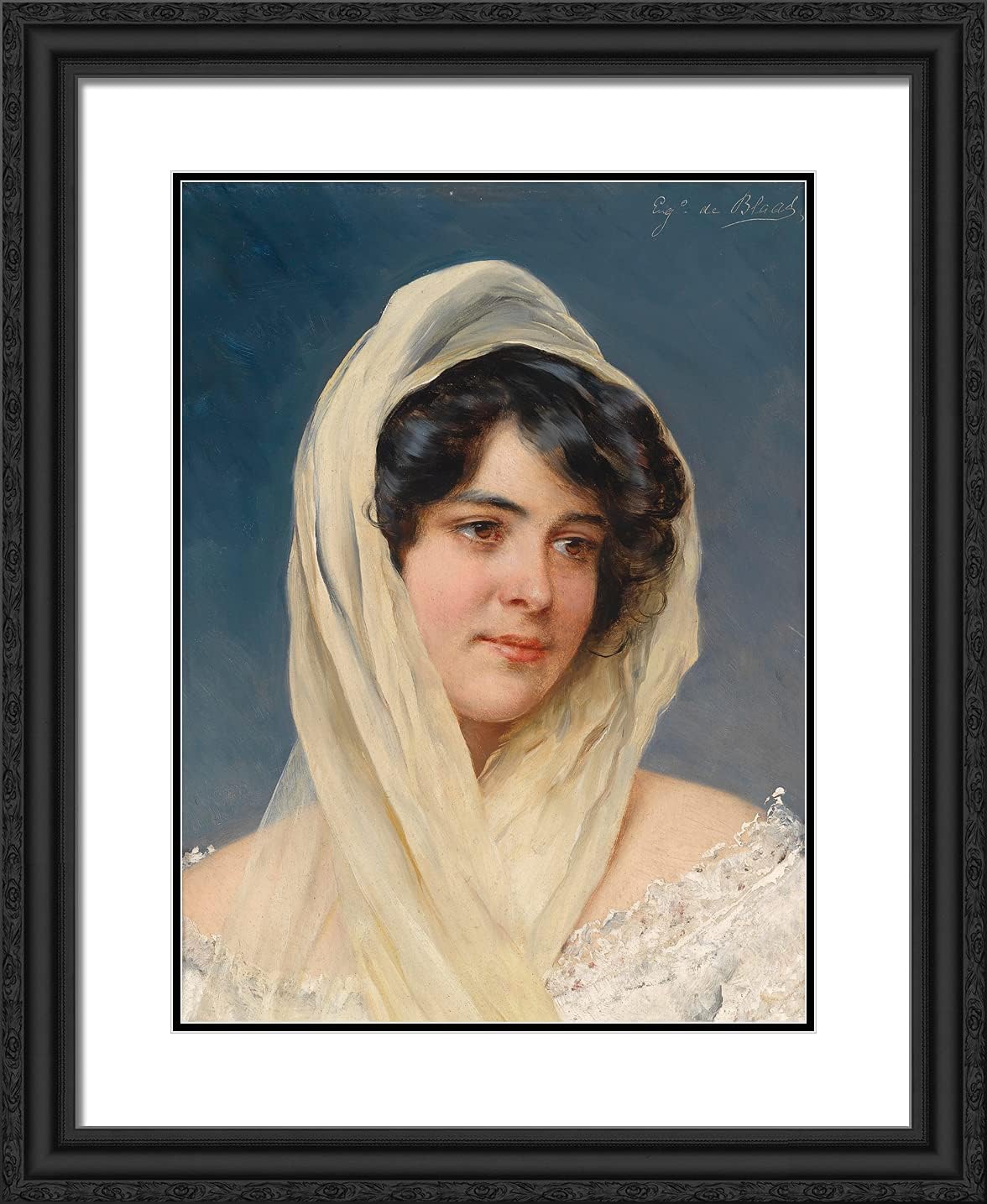 ArtDirect De Blaas, Eugene 20x24 Black Ornate Framed Art Print with Double Matting Titled: Portrait of a young lady with veil