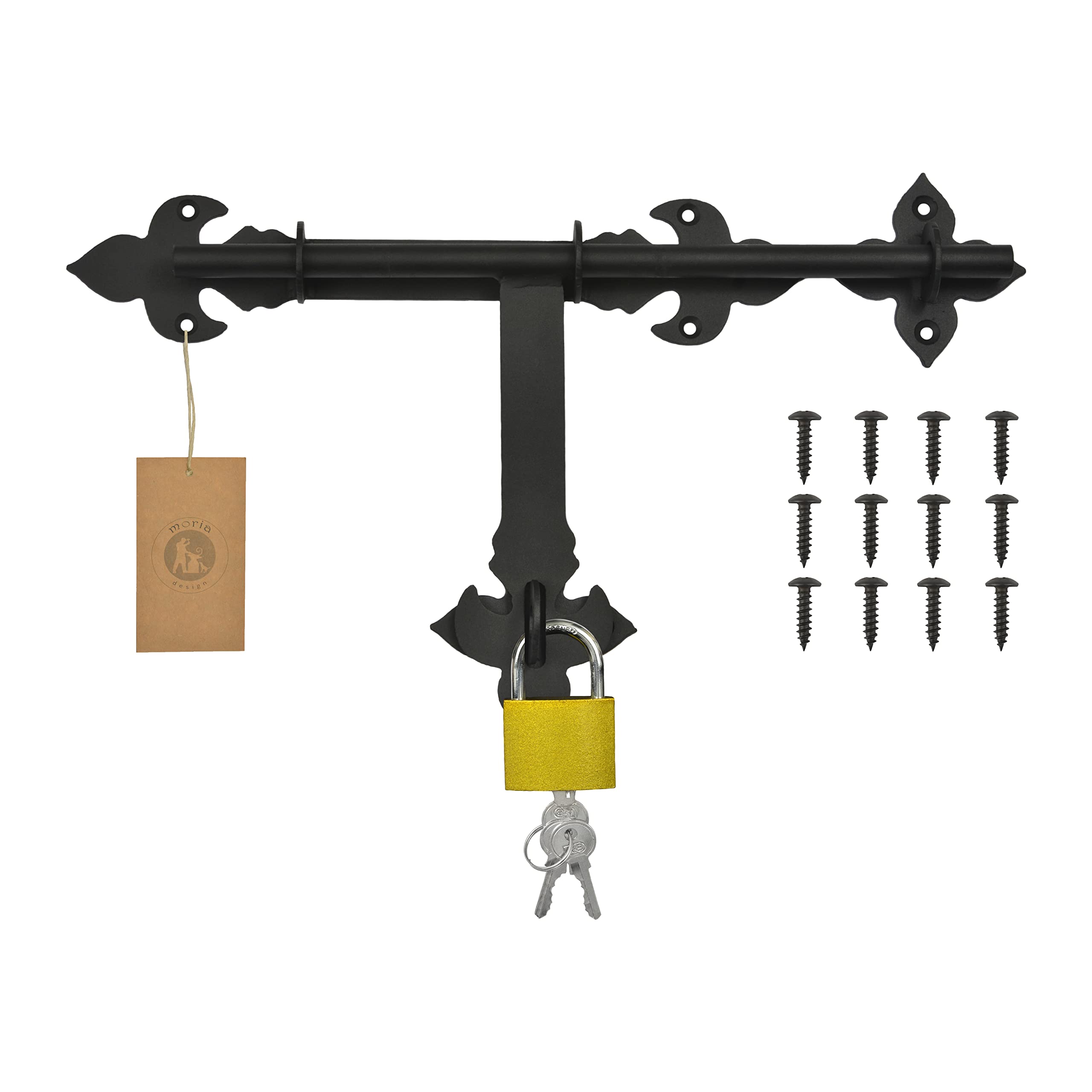 MORIA DESIGN Cerradura de puerta con candado de 40 cm | Pestillo de acero inoxidable | Cerradura para puerta de patio, puerta de jardín y graneros | pestillo decorativo para puerta corredera y trampa