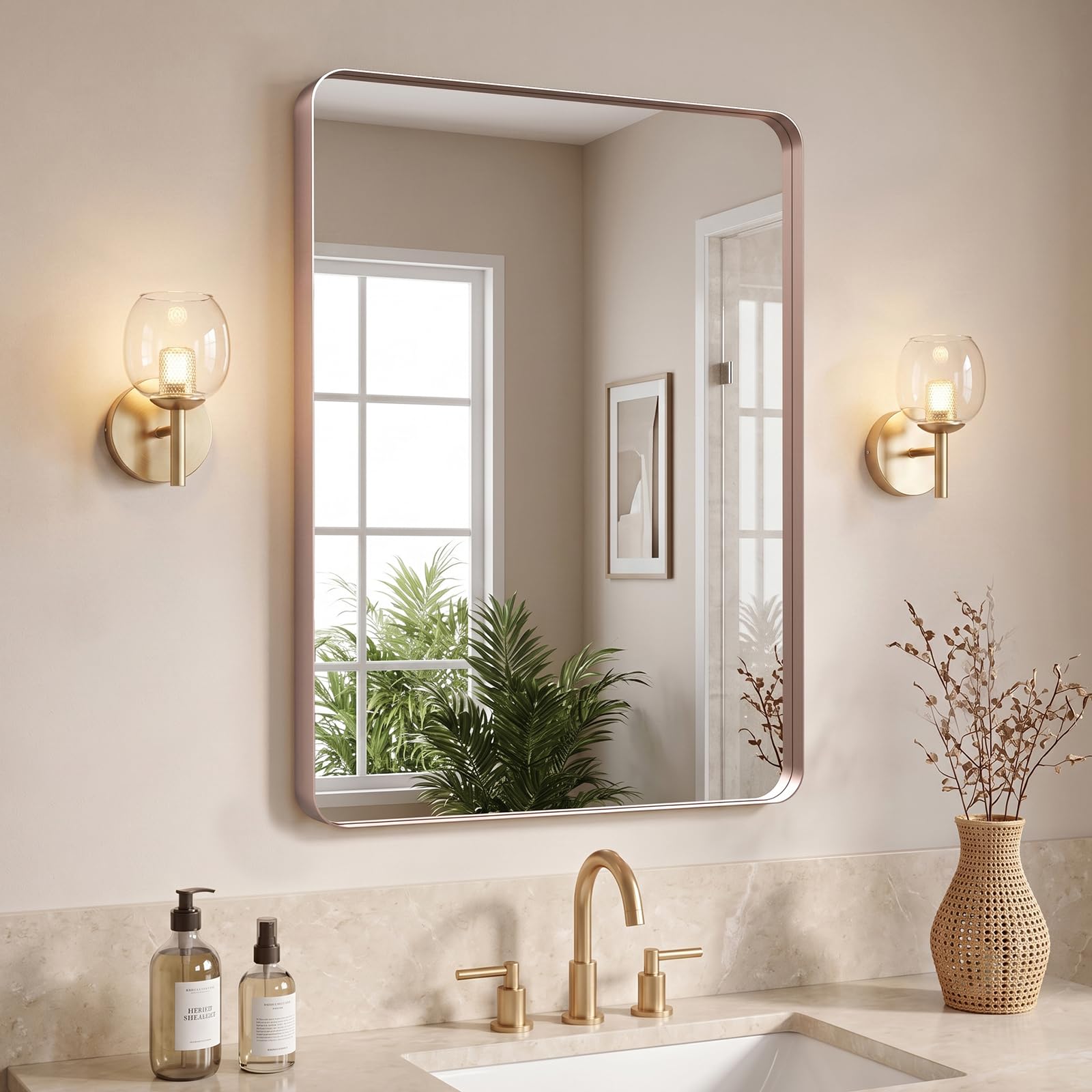 Kosmonia 32x24 Inch Bathroom Vanity Mirror Brushed Rose Gold