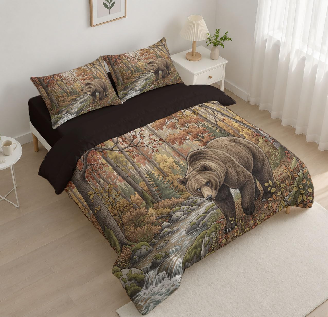 Autumn Forest Comforter Set Full Size, Xiongxi Autumn Forest Print Breathable Bedding Set for Girls Boys Teens, Caramel Color Quilt Duvet with 2 Pillow Cases
