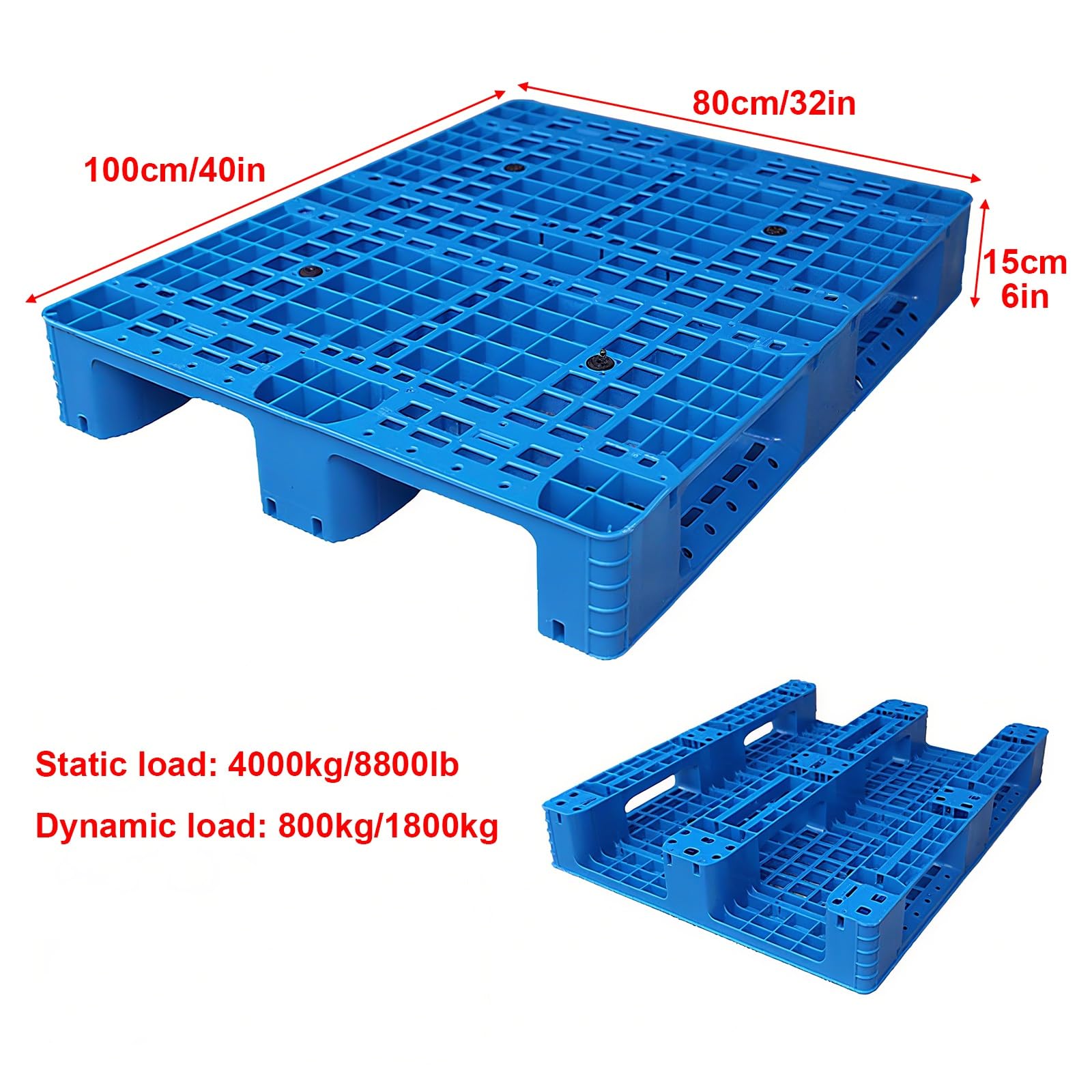 Lot de 3 palettes en Plastique, palettes emboîtables Robustes, avec grilles Respirantes, pour entrepôt, supermarché et Cuisine, Bleu, 100 x 80 x 15 cm.
