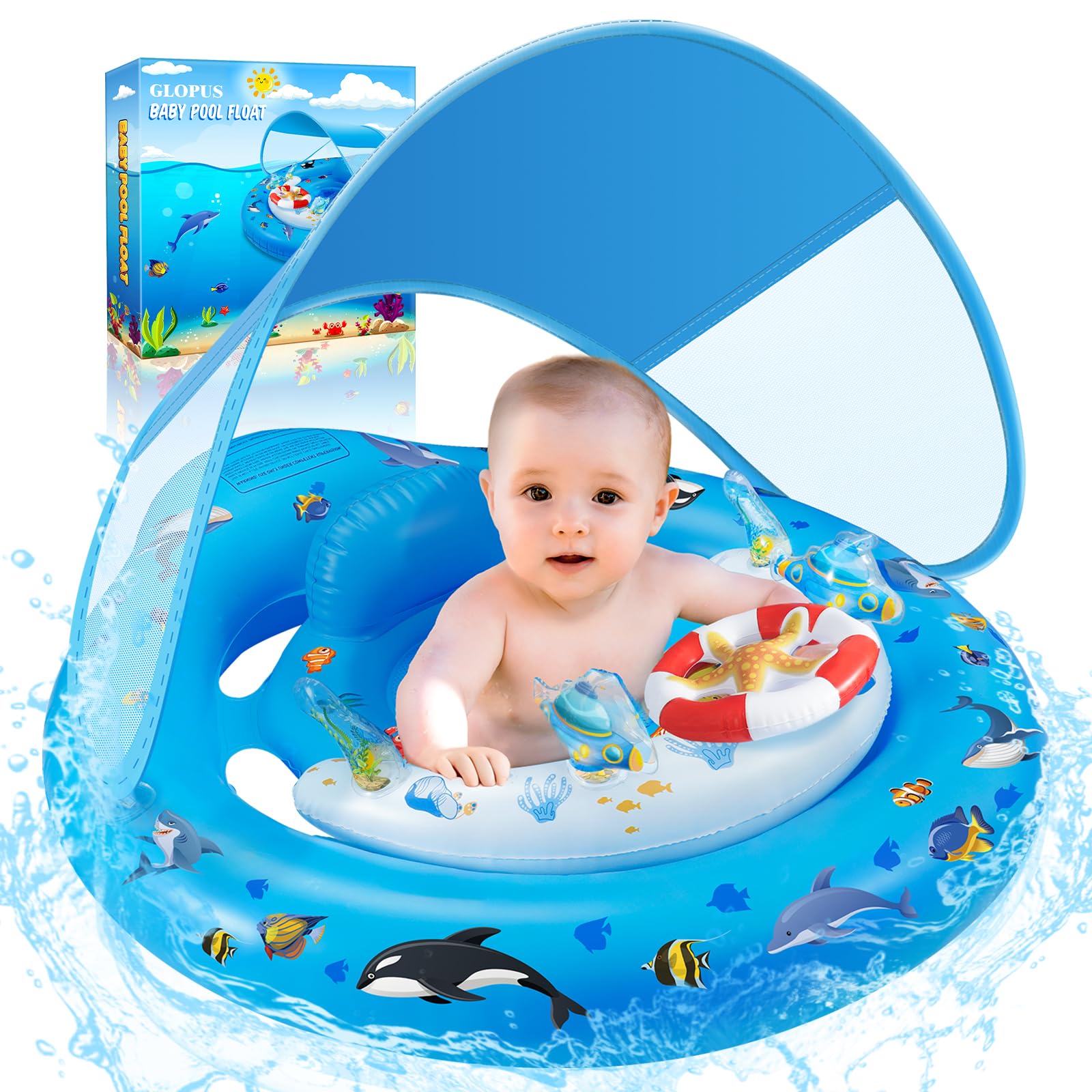 GLOPUS Schwimmring Baby, Baby Schwimmring ab 6-36 Monate Schwimmhilfe Kinder 1 Jahre, Verstellbarer Sicherheitssitz mit UPF50+ Sonnenschutzdach & Spielzeug