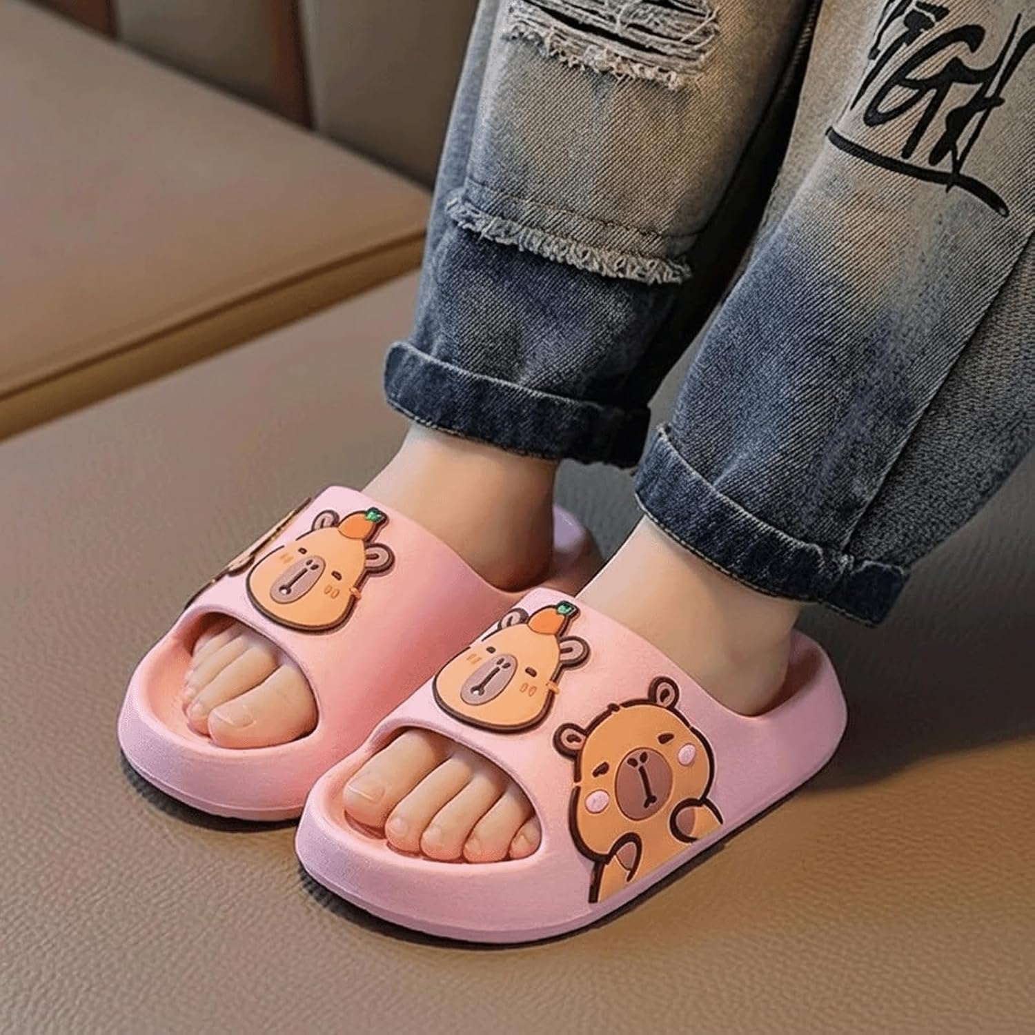 Capybara Slippers for Kids 5 pcs Socks Cute Cartoon Open Toes Girl Slide Sandals Non Slip Indoor Outdoor Cozy Soft Kawaii House Shoes Summer Footwear