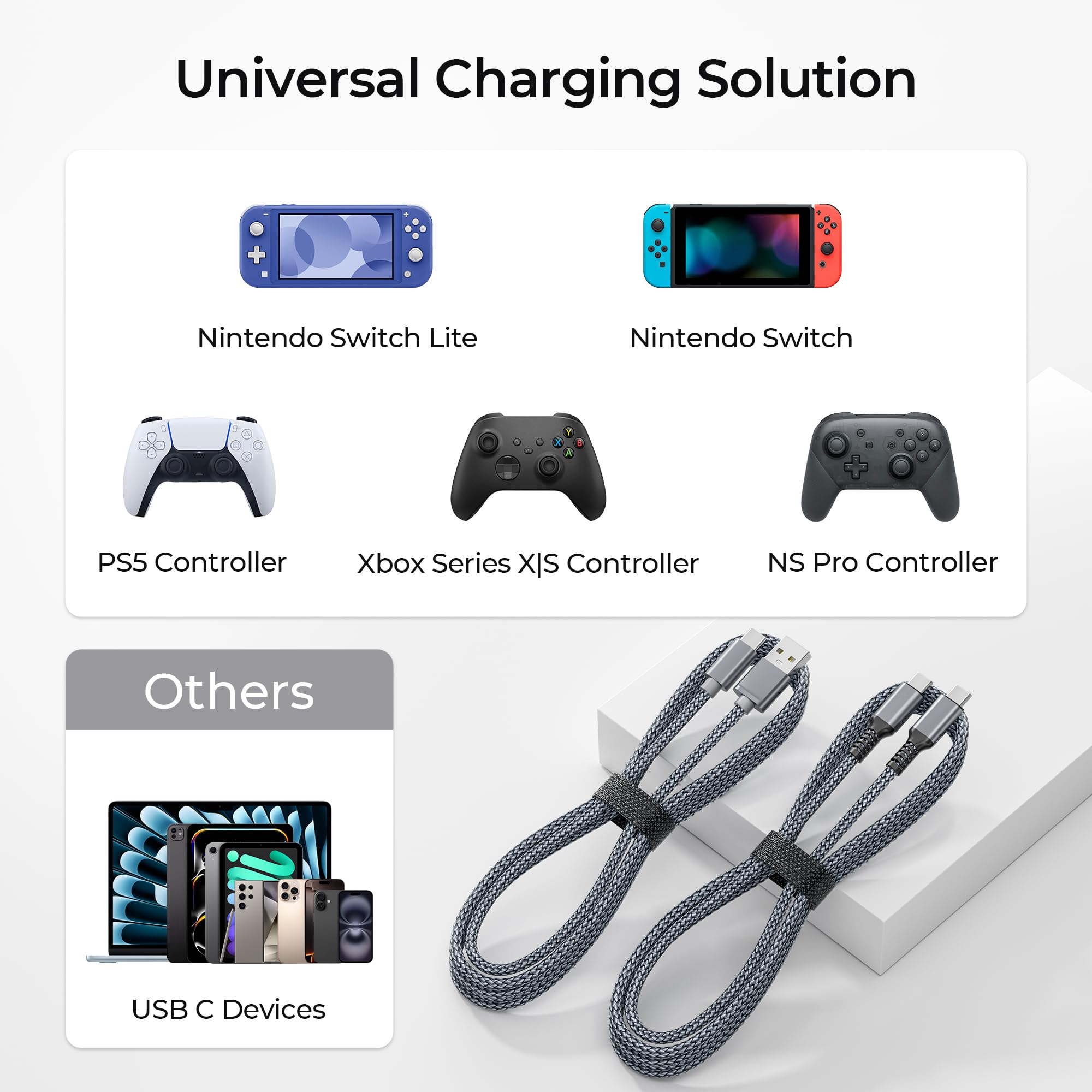Basesailor para XBox Series X|S Cable Cargador 2M 2Pack,PS5 Pro Controller Cable de carga USB tipo C para Nintendo Switch 2/OLED/Lite,Elite Series 2,para PlayStation 5 DualSense Controller