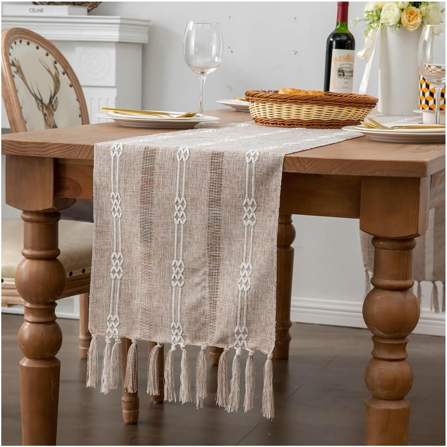 Table Runner Decor,14" x 63",Stripes with Tassels Linen Dining Table Runner Table Runner Modern Khaki