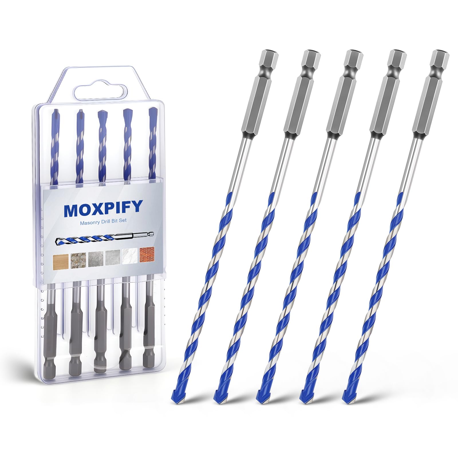 MOXPIFY 5pcs 5.5mm Masonry Drill Bit 150mm Extra Long, Tungsten Carbide Tip Concrete Drill Bits for Brick Wall Tile Porcelain (5.5mm x 150mm x 5, Hex Shank)