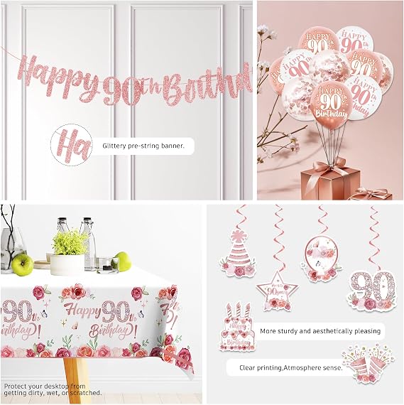 192pcs 90th Birthday Decorations for Women, Serves 25, All-in-One Ninety Birthday Decorations, Rose Gold 90th Birthday Plates and Napkins with Banner, Tablecloth, Balloons & Cupcake Toppers