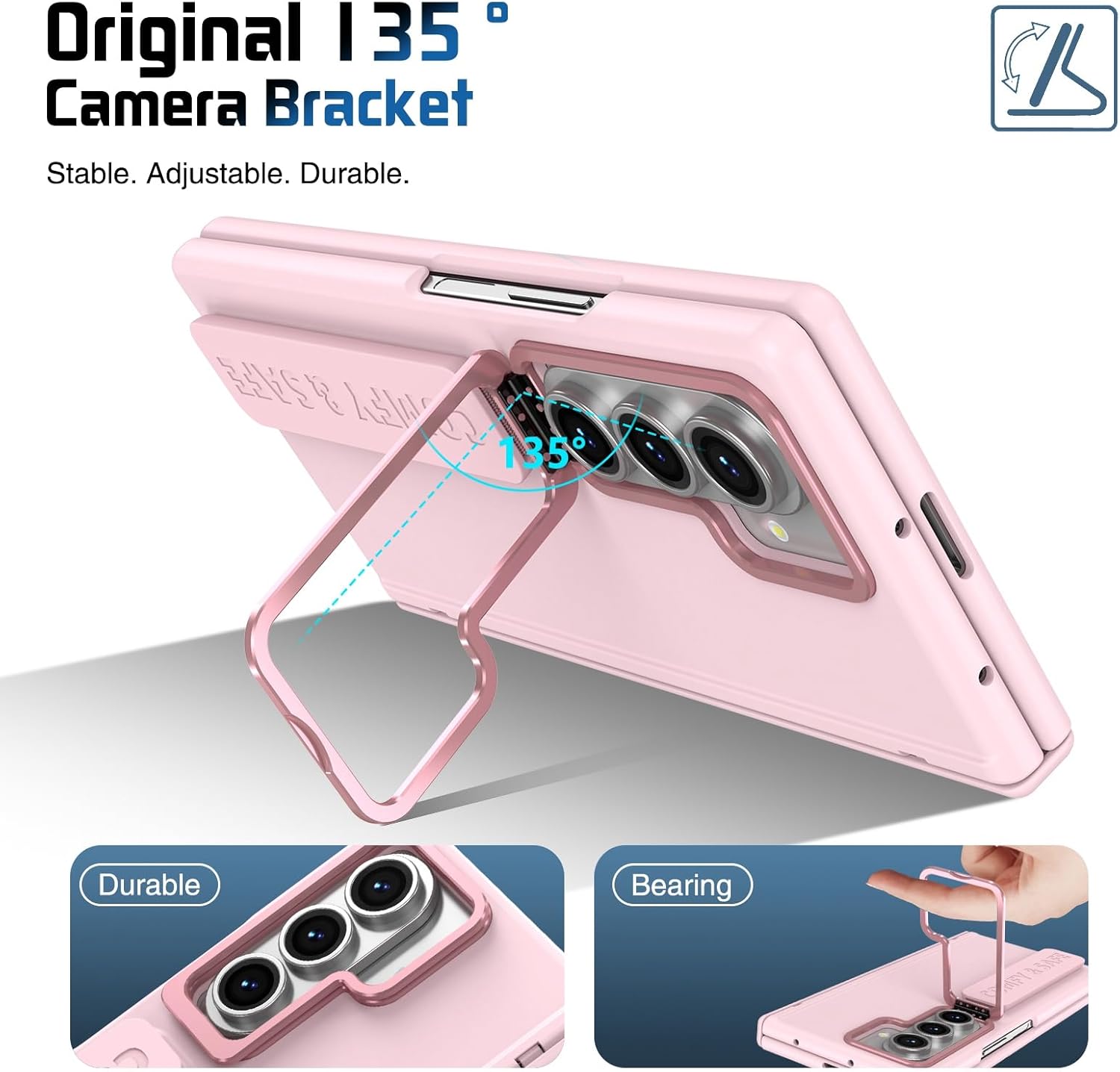 for Samsung Galaxy Z Fold 7 Hand Strap Case, Built-in Screen Protector & Hinge Protection & Camera Cover Kickstand, Military Grade Full Body Shockproof Protective, Pink