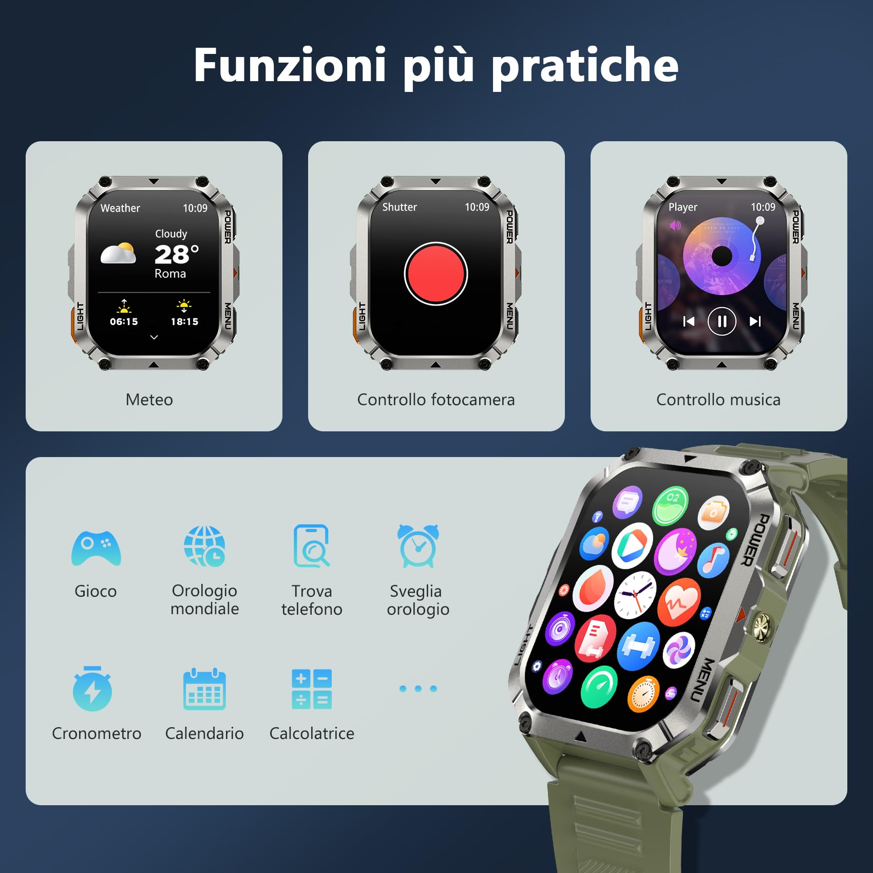Blackview Smartwatch Uomo, 2.01" Smartwatch Militare Uomo Fitness con Chiamate Bluetooth Orologio Intelligente 115+ Modalità Sportive/900 mAh/Sonno/Cardiofrequenzimetro/Torcia/Bussola per Android IOS