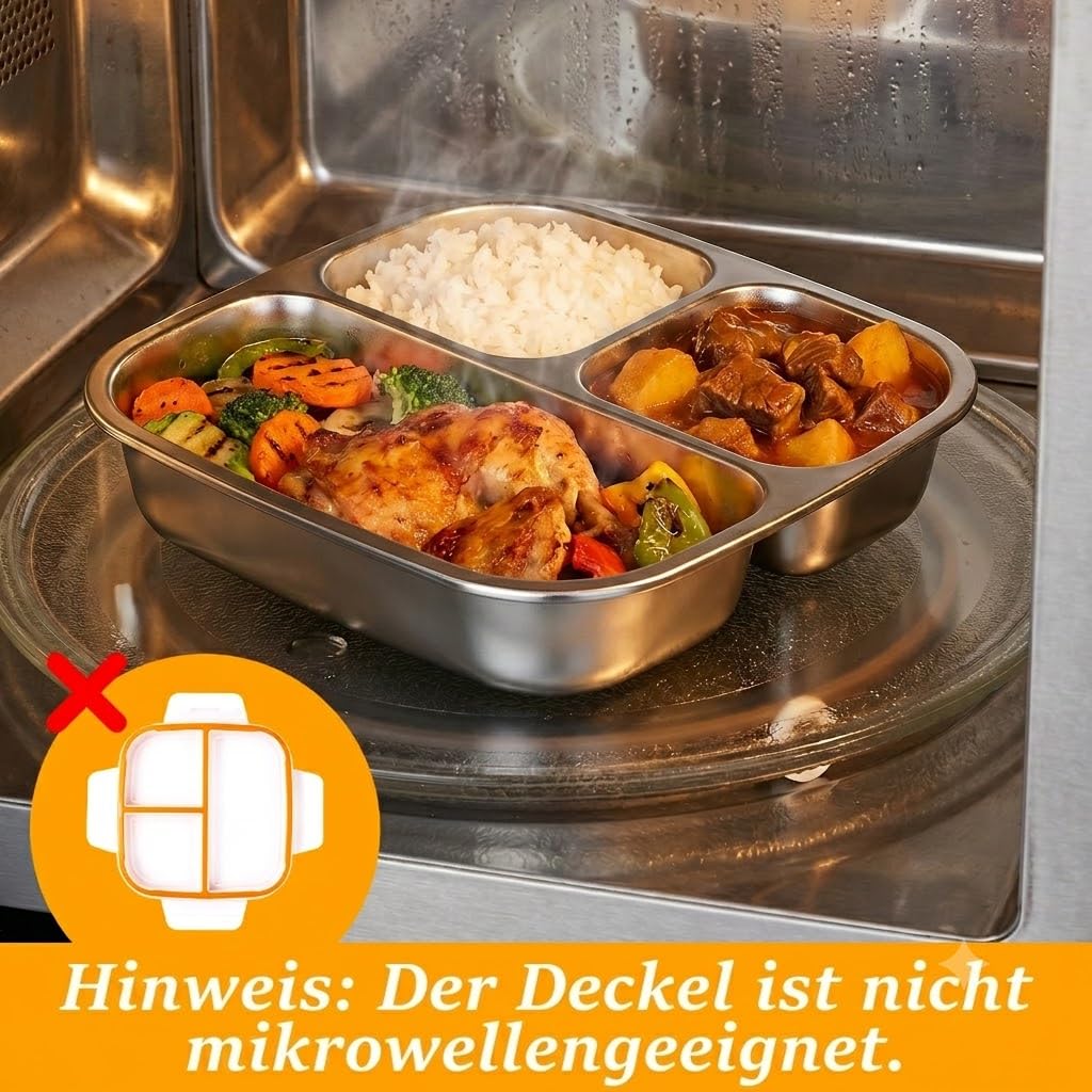 Lot de 4 boîtes à goûter en acier inoxydable. Snackbox étanche 600ml avec couvercle et 3 compartiments, boîte idéale pour école, bureau et pique-nique