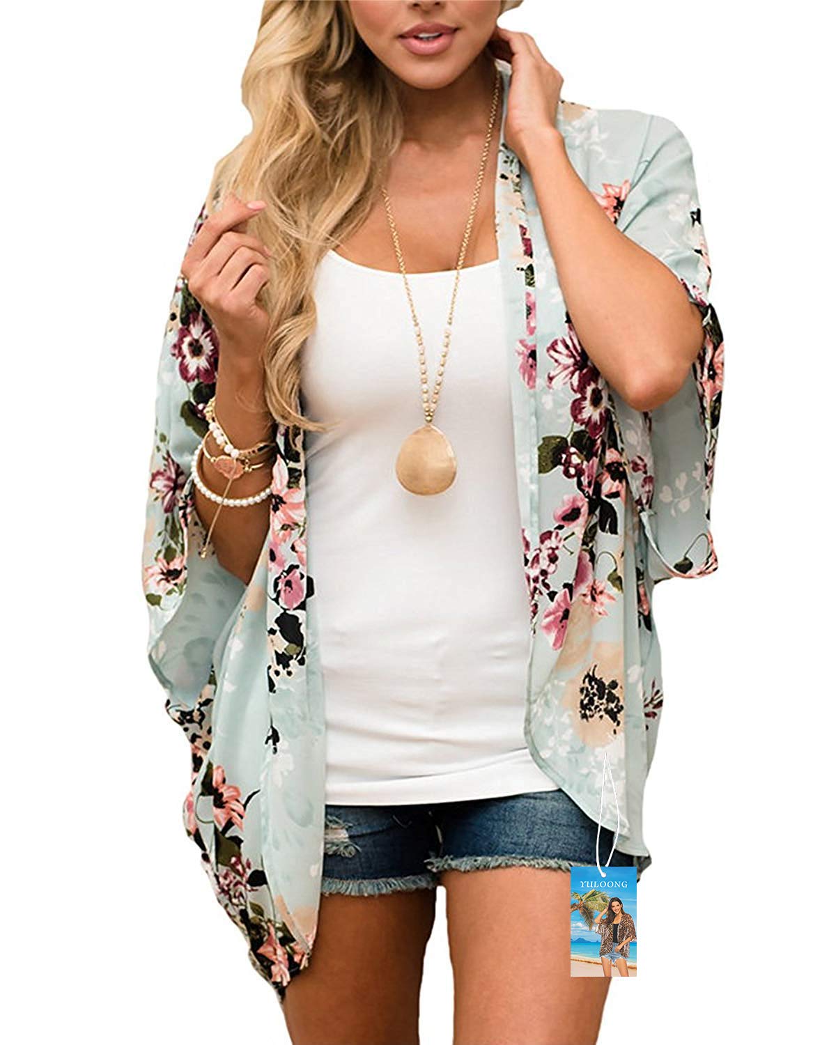 Yuloong Women's Green Cover Ups Chiffon Floral Print Kimono Loose Shawl Cardigan Boho Summer Casual Blouse Top Sexy Beach Swimwear Capes