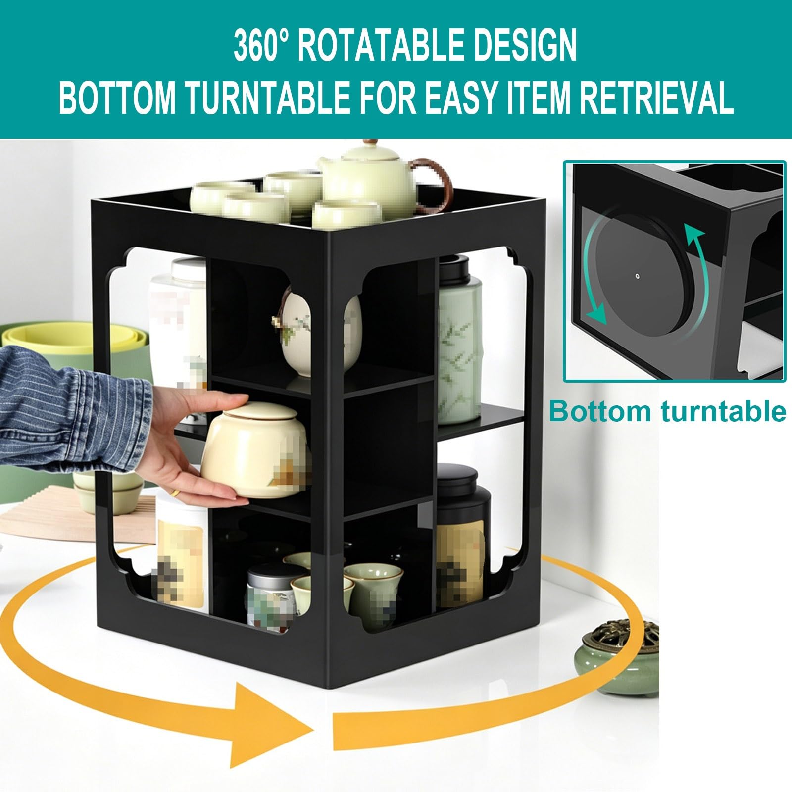 Estante de Té Acrílico Negro Giratorio 360°, Organizador Compartimentos Abiertos Borde Pulido Base Estable, Almacenaje Encimera Cocina Teteras Tarros Tazas(Black+Transparent)