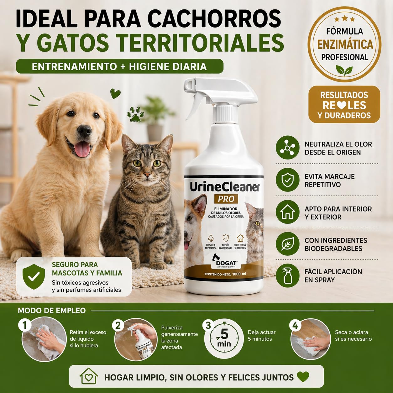 Eliminador Olor Orina Perro y Gato 1000 ml | Neutralizador Profesional de Malos Olores de Mascotas | Spray Limpiador Enzimático para Sofá, Suelo, Alfombra, Terraza y Césped Artificial