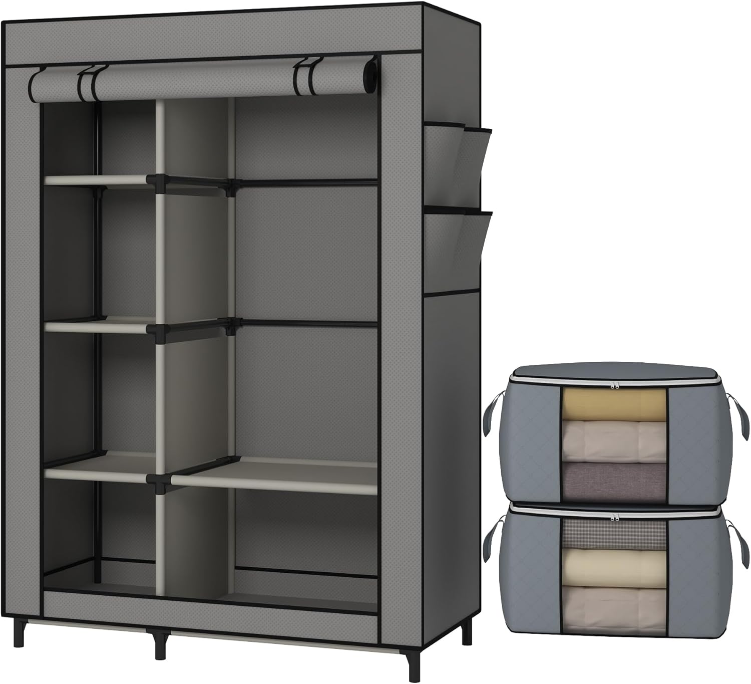 Calmootey Armario portátil, armario con 6 estantes y barra para colgar, organizador de almacenamiento para dormitorio, funda de tela no tejida con 4