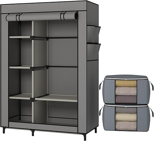 Miniatura 1 de Calmootey Armario portátil, armario con 6 estantes y barra para colgar, organizador de almacenamiento para dormitorio, funda de tela no tejida con 4