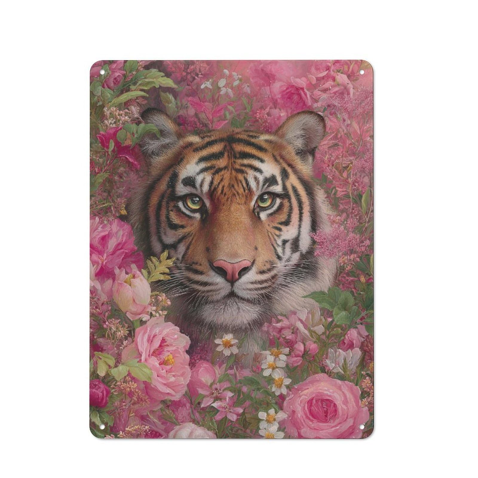 Junmoney Tiger Amidst Blooming Flowers Tin Sign 40X30cm For Garage Wall, Vintage Wall Decor, For Kitchen, Dining Room And Home Bar Wall Decor