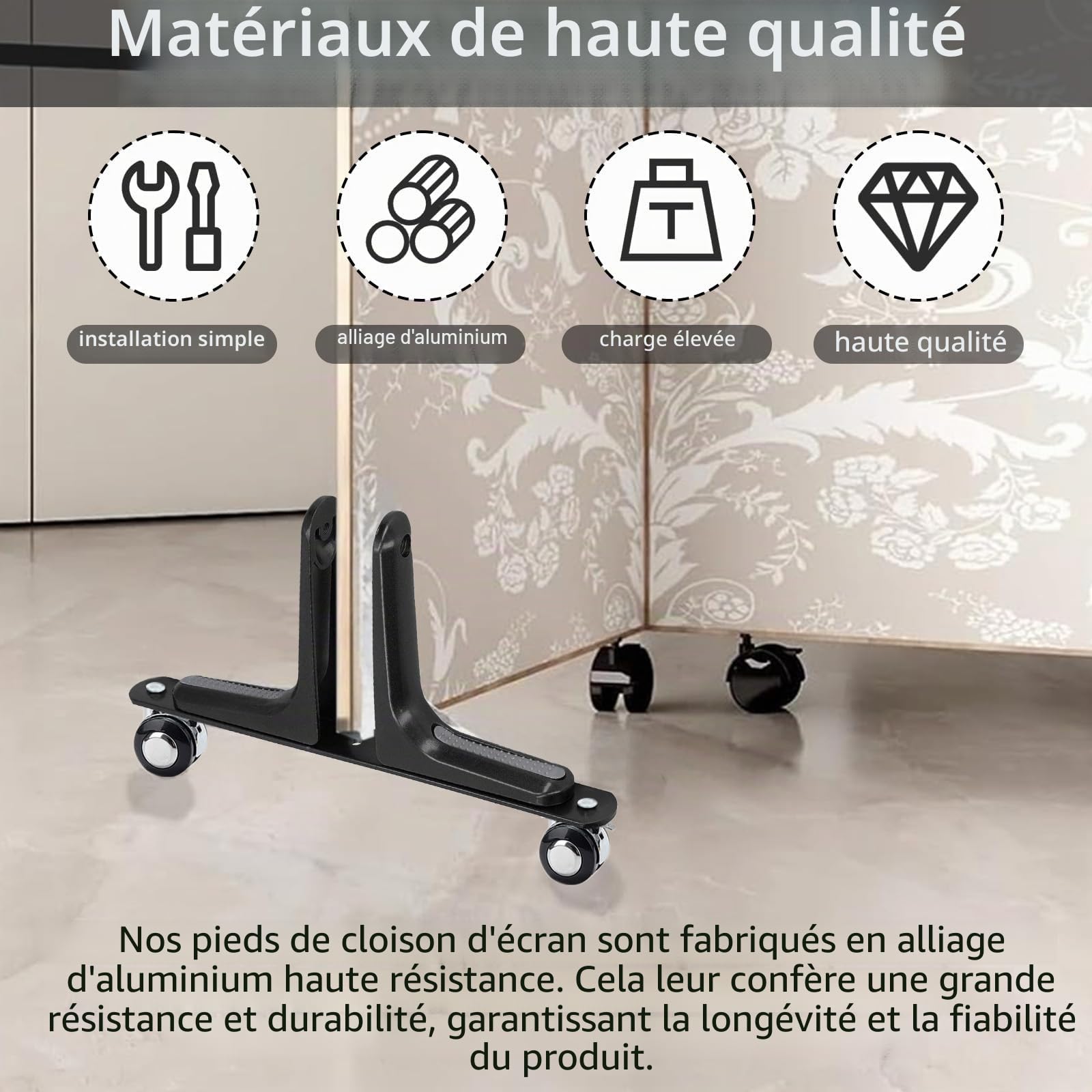 Pieds de Cloison de Separation Interieur, Lot de 2 Supports de Separation de Piece Intérieur avec Roue Universelle en Alliage Pieds de Séparation Réglables de 1 à 6 cm de Large pour Bureau