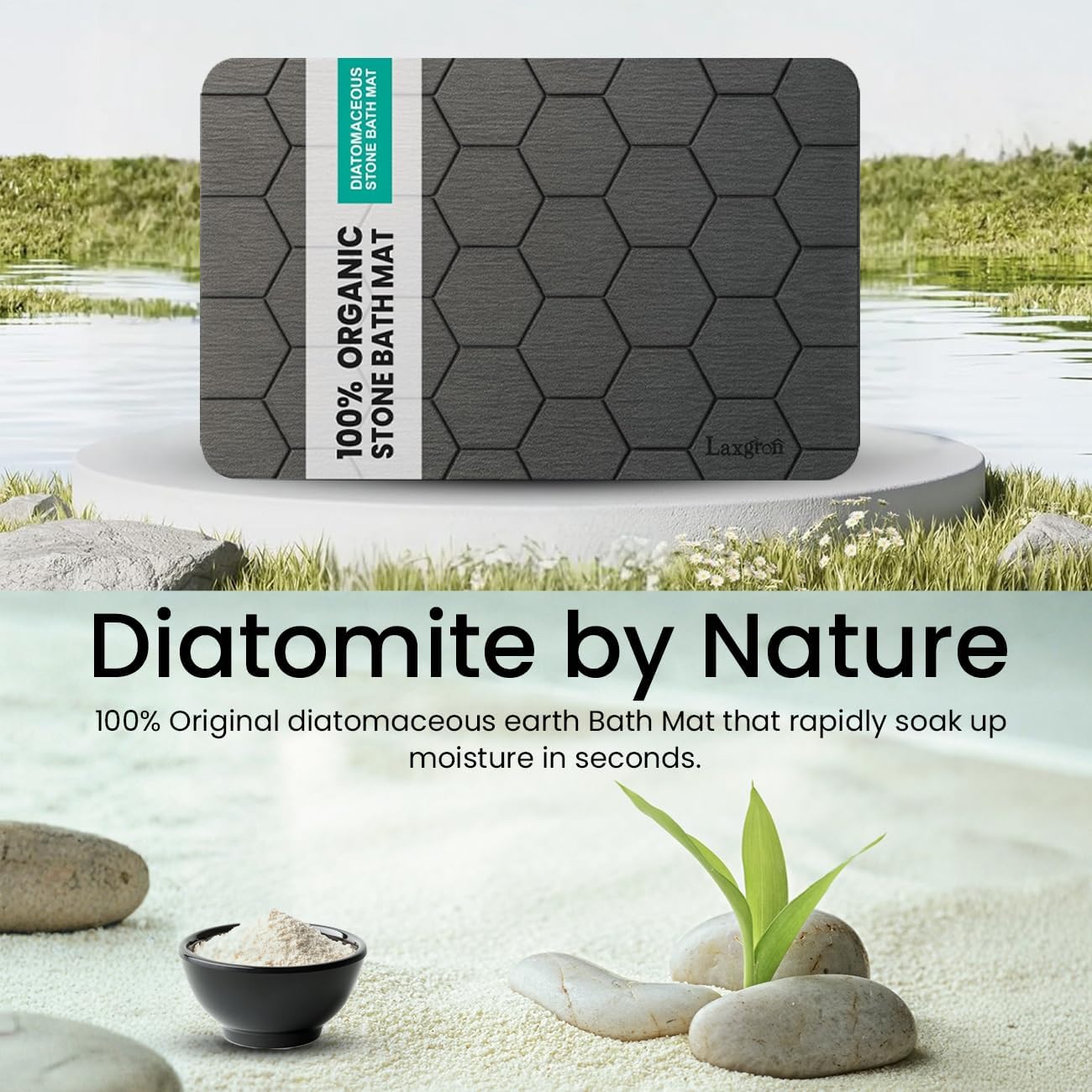 Stone Bath Mat - Premium Instant Absorption Natural Diatomaceous Earth Shower Mat 24"x16", Anti-Mold - Non-Slip Design, Ultra-Fast Drying Bathroom Floor Mat with Honeycomb Pattern, Gray - Image 5