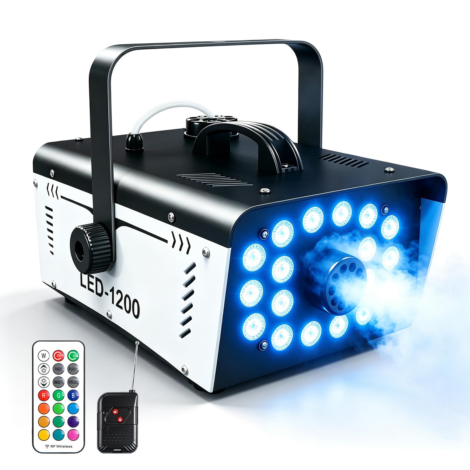 Nebelmaschine 1200W mit 18 LED-Lichtern, 6000 CFM Rauchmaschine für Bühne, Hochzeit, Geburtstag, Halloween, Weihnachten, Party – inkl. Fernbedienung & 13 Farben, Indoor/Outdoor