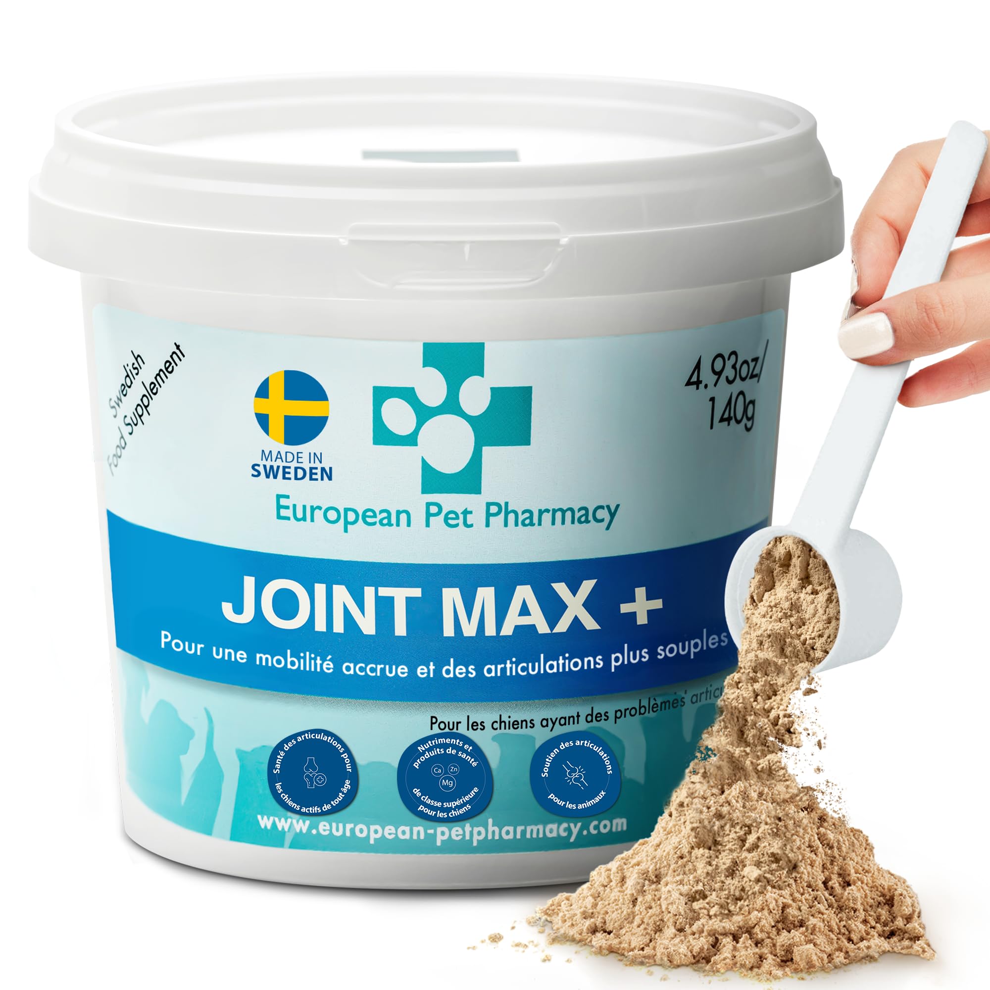 Compléments articulations chiens Joint Max+ poudre de moule verte pour la mobilité pet 140g