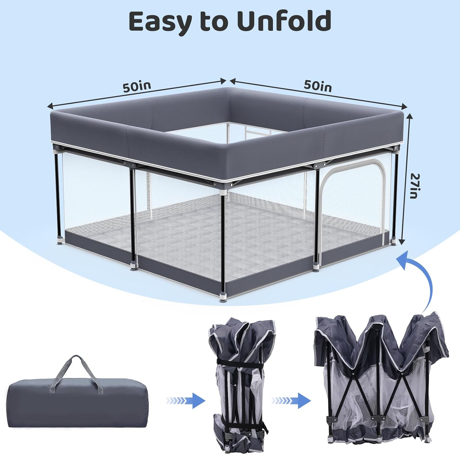 foldable baby playpen with mat, 50''x50'' playpen for babies and toddlers, play pen for baby with gate, breathable, collapsible play yard with bag (dark grey, m)